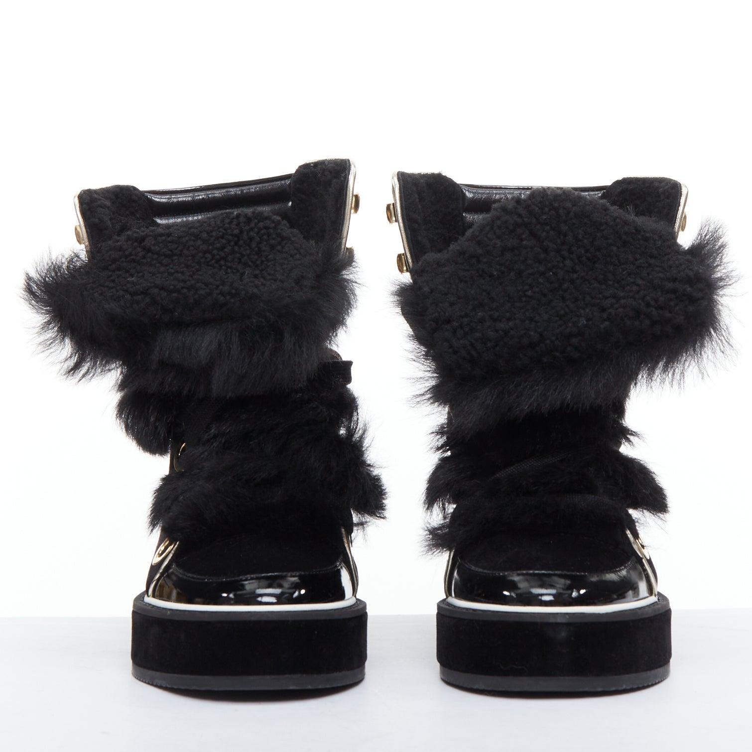 Black NICHOLAS KIRKWOOD Polly Neige black patent fur trim snow boots For Sale
