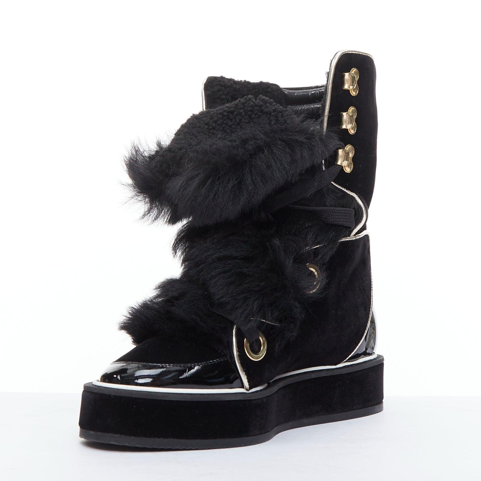 NICHOLAS KIRKWOOD Polly Neige black patent fur trim snow boots In Good Condition For Sale In Hong Kong, NT