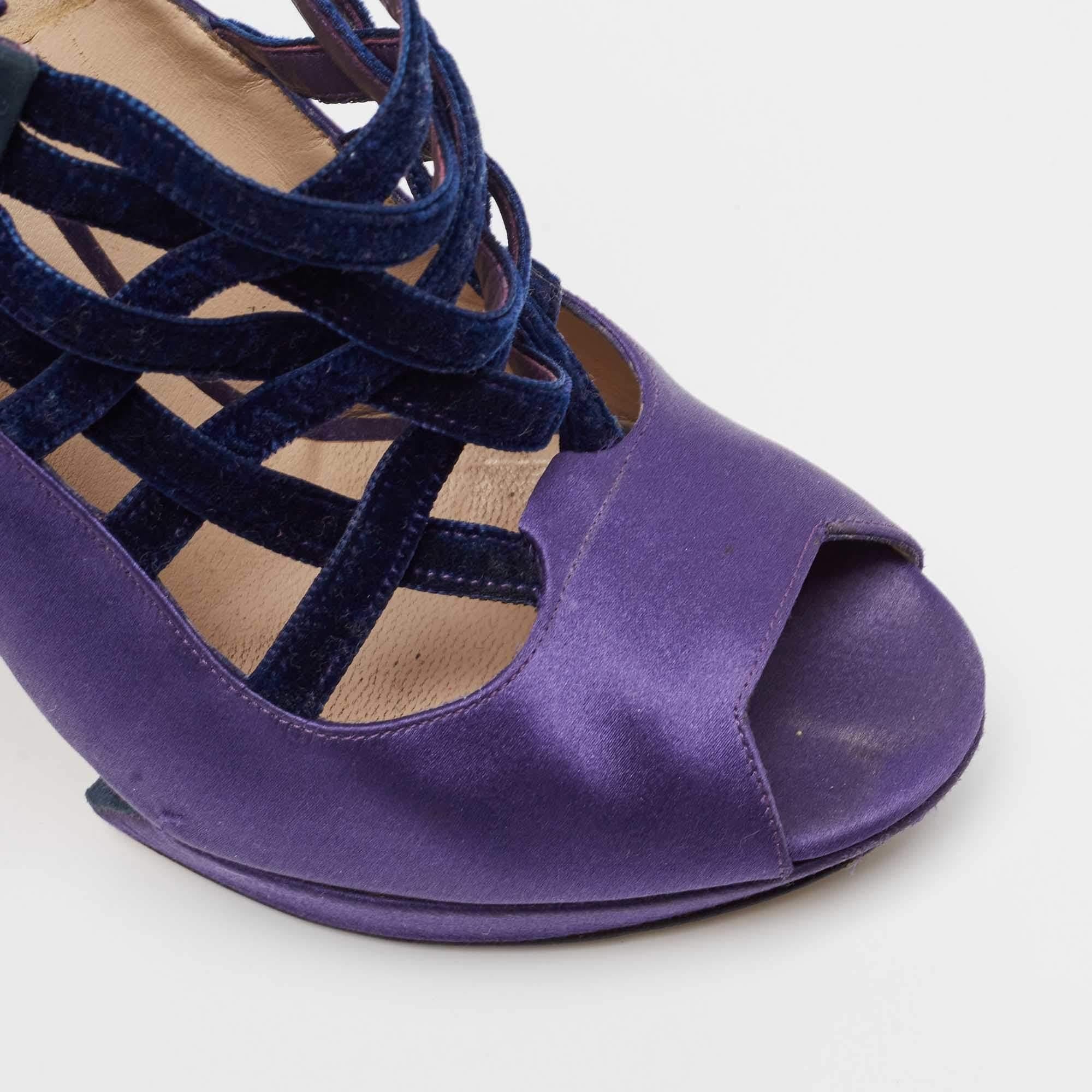 Nicholas Kirkwood Purple/Black Satin and Velvet Ankle Strap Sandals Size 38 For Sale 3