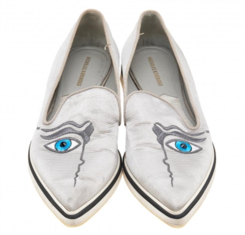 Argento Nicholas Kirkwood Silver Fabric Eye Motif Iris Slip On Loafers Taglia 37.5 in vendita