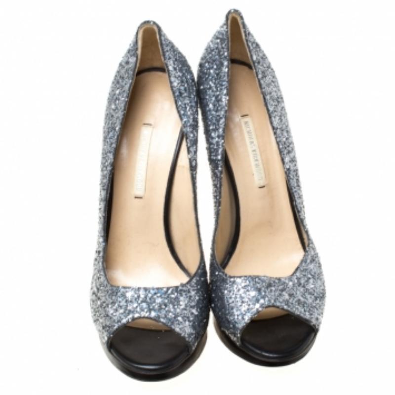 Nicholas Kirkwood escarpins à double plateforme à bout ouvert en cuir pailleté argenté taille 38 en vente 1
