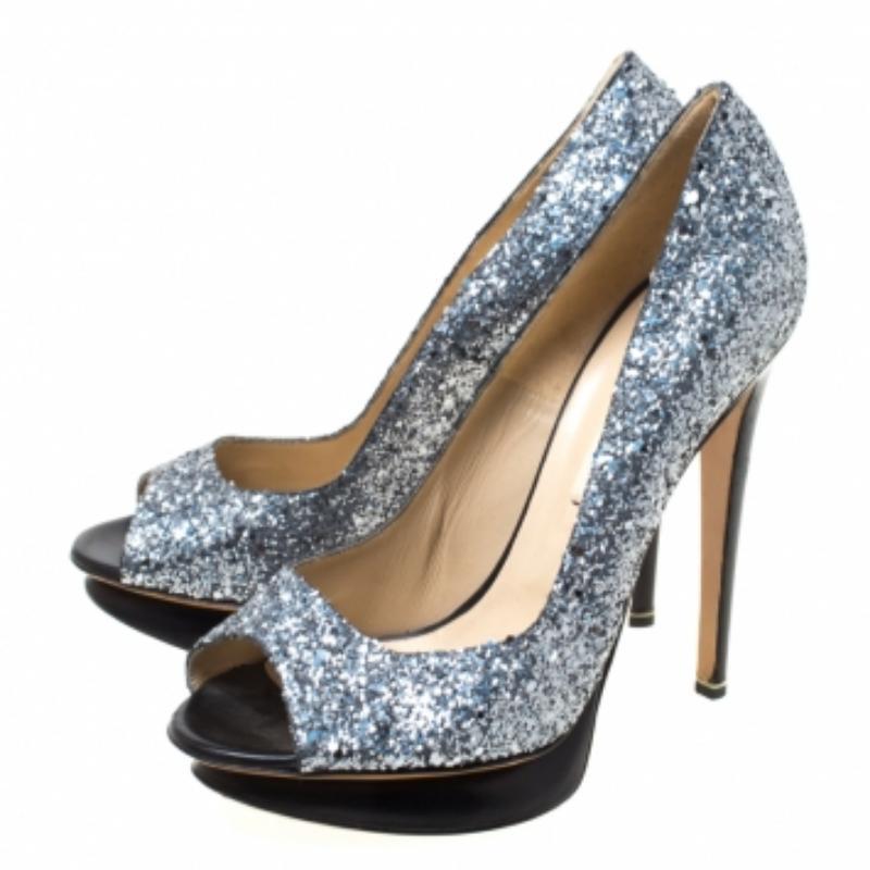 Nicholas Kirkwood escarpins à double plateforme à bout ouvert en cuir pailleté argenté taille 38 en vente 2