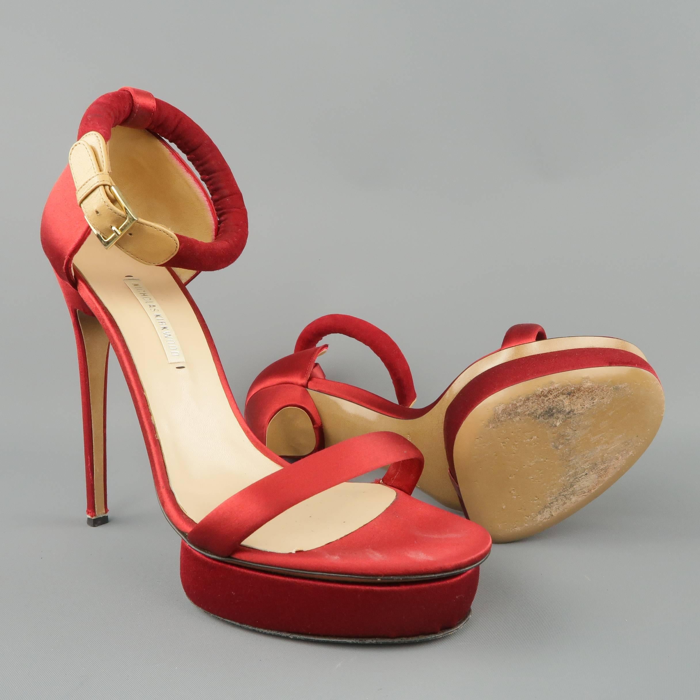 NICHOLAS KIRKWOOD Size 9 Red Satin Suede Ankle Strap Platform Sandals In Good Condition In San Francisco, CA