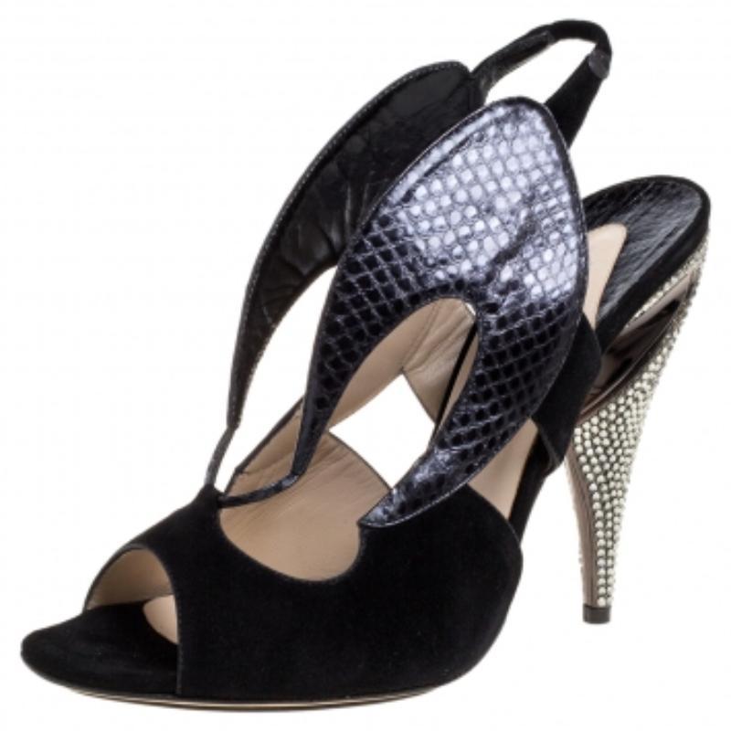 Black Nicholas Kirkwood Suede And Embossed Leather Cutout Slingback Sandals Size 39.5 For Sale