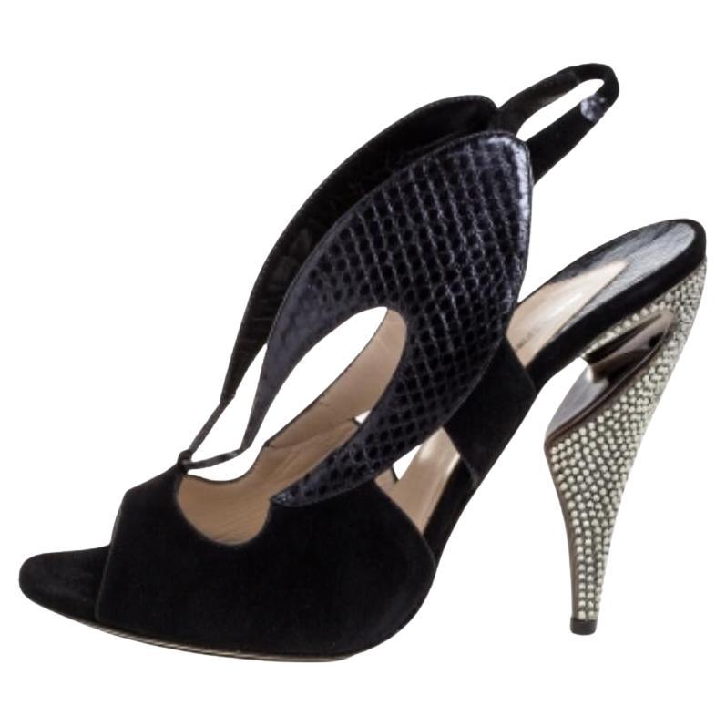 Nicholas Kirkwood Suede And Embossed Leather Cutout Slingback Sandals Size 39.5 For Sale
