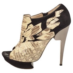 Nicholas Kirkwood Suede and Embossed Lizard Open Toe Platform Booties Size 40.5