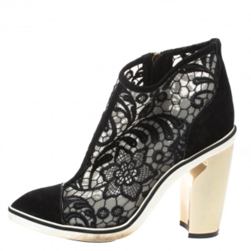 Black Nicholas Kirkwood Suede and Embroidered Mesh Block Heel Ankle Boots Size 36.5 For Sale
