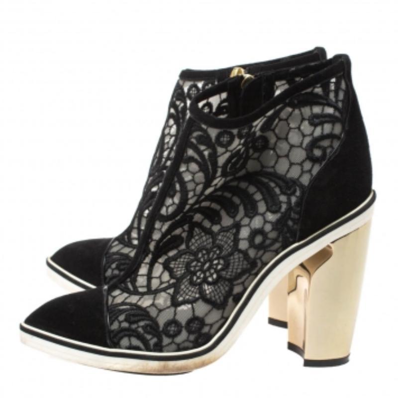 Women's Nicholas Kirkwood Suede and Embroidered Mesh Block Heel Ankle Boots Size 36.5 For Sale