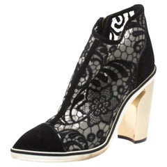 Nicholas Kirkwood Suede and Embroidered Mesh Block Heel Ankle Boots Size 36.5