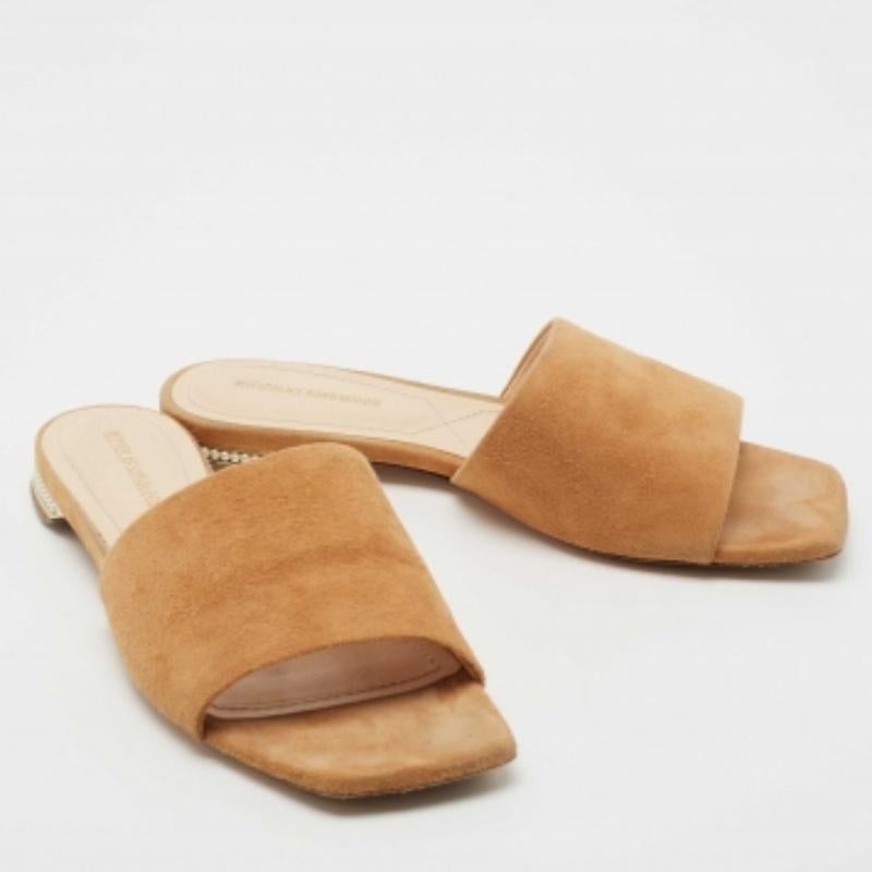 Brown Nicholas Kirkwood Tan Suede Pearl Embellished Flat Slides Size 36 For Sale