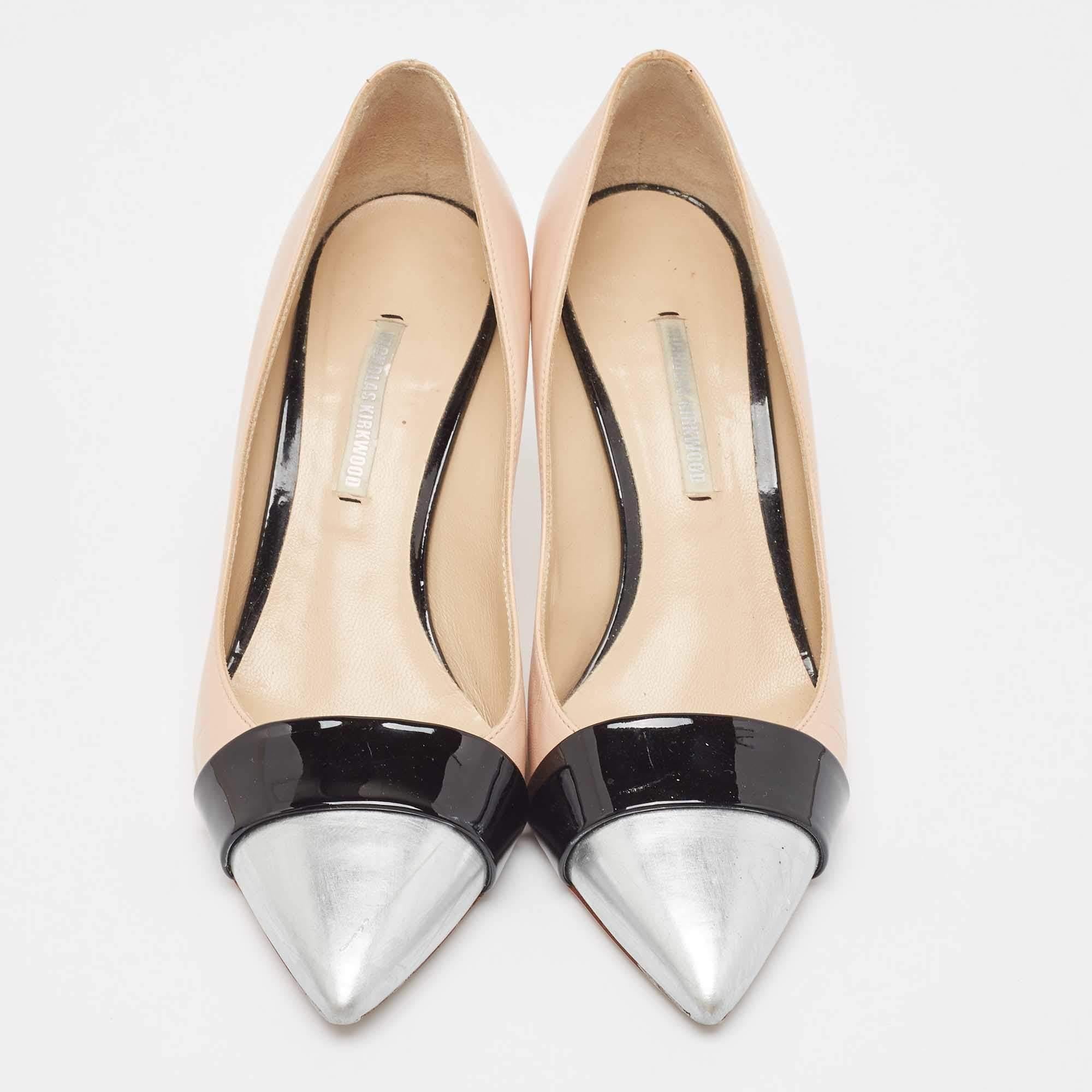Beige Nicholas Kirkwood Tricolor Leather and Patent Pointed Toe Pumps Size 37 For Sale