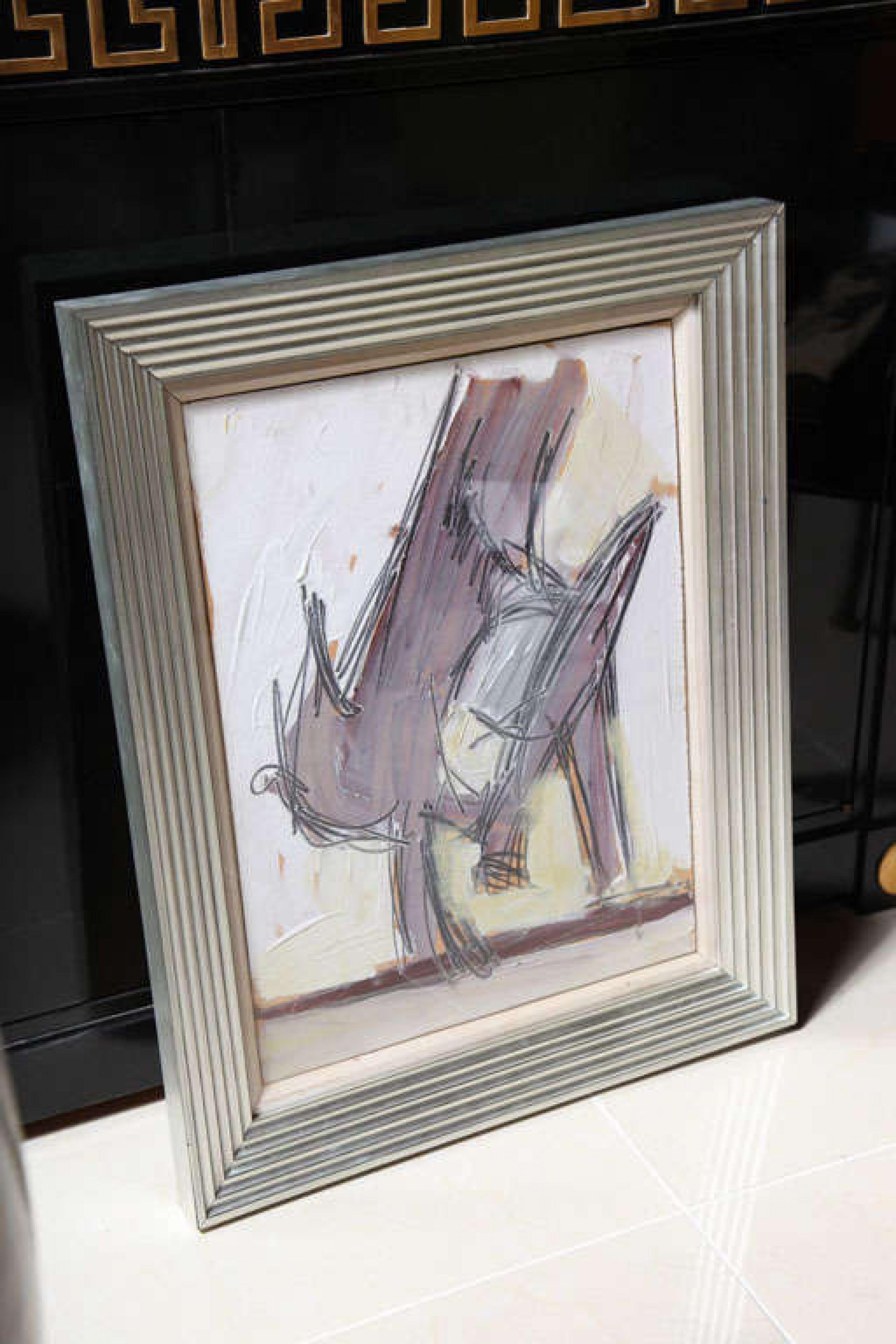 Mid-Century Modern Nicholas Krushenick American Mid-Century Framed Oil Painting, Title (Birds) For Sale