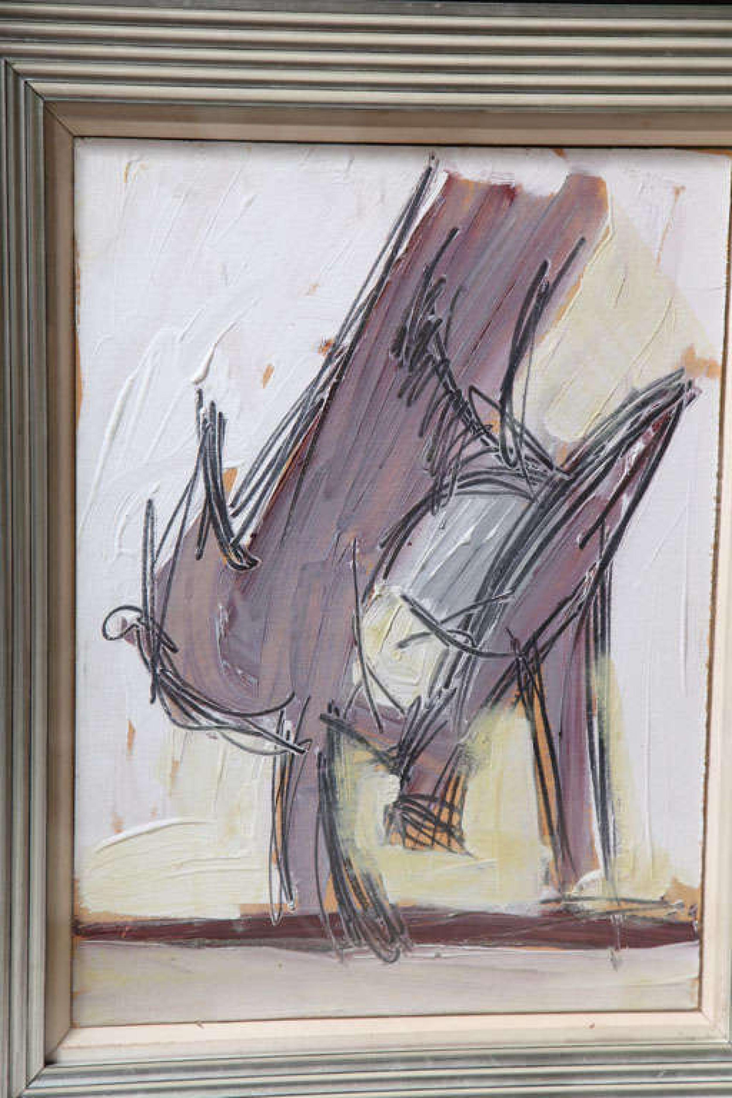 Hand-Painted Nicholas Krushenick American Mid-Century Framed Oil Painting, Title (Birds) For Sale