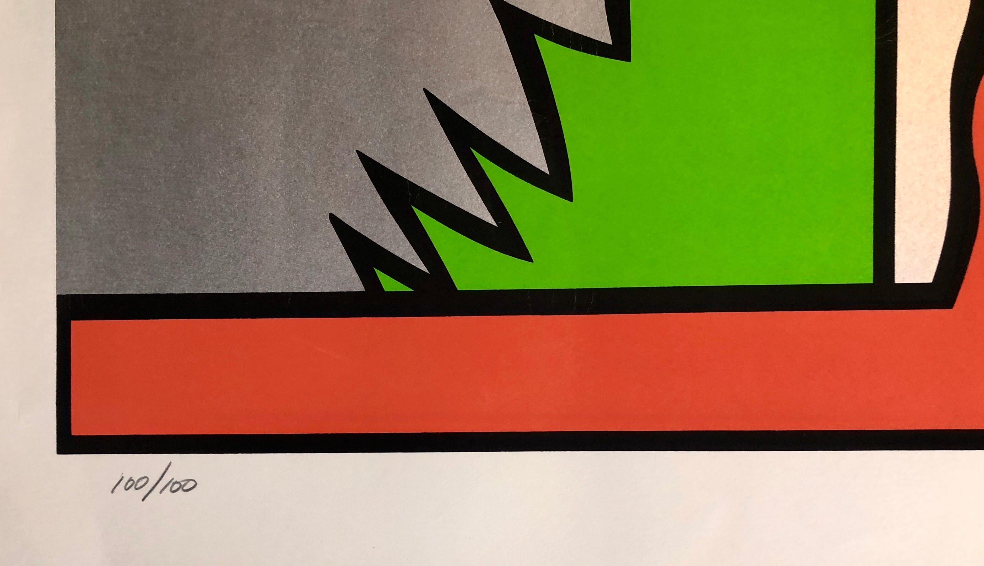 1980 Large Pop Art Silkscreen Abstract Op Art Jagged Edge Bright Color Serigraph - Beige Abstract Print by Nicholas Krushenick