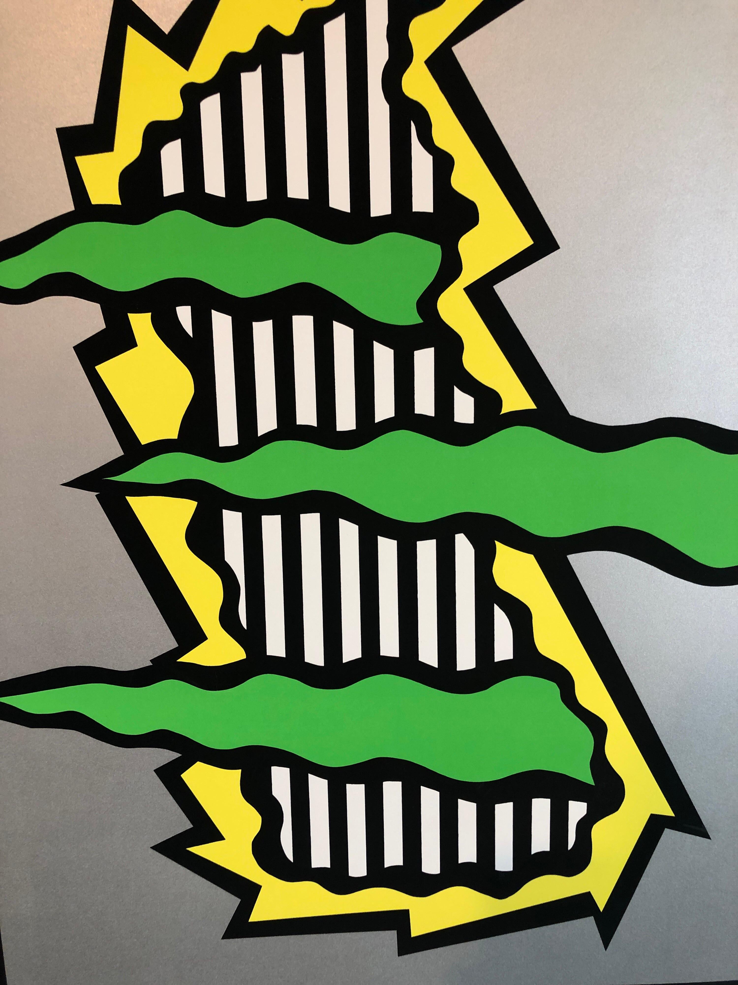 Green, Yellow, Silver and Black and White. Large Pop Art Silkscreen.
Nicholas Krushenick (May 31, 1929 – February 5, 1999) was an American abstract painter whose artistic style straddled the line between Op Art, Pop Art, Abstract Expressionism,