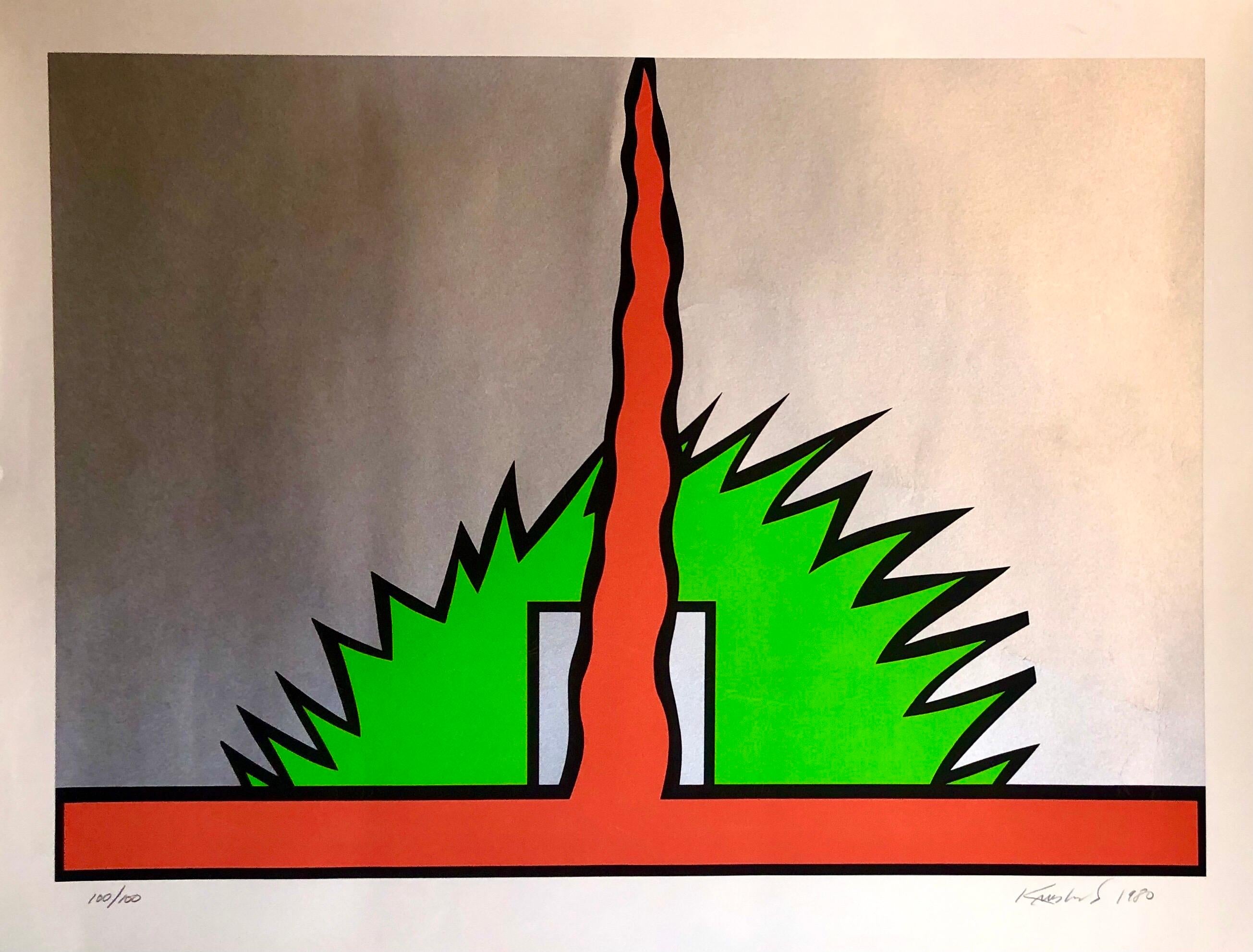 Nicholas Krushenick Abstract Print - 1980 Large Pop Art Silkscreen Abstract Op Art Jagged Edge Bright Color Serigraph
