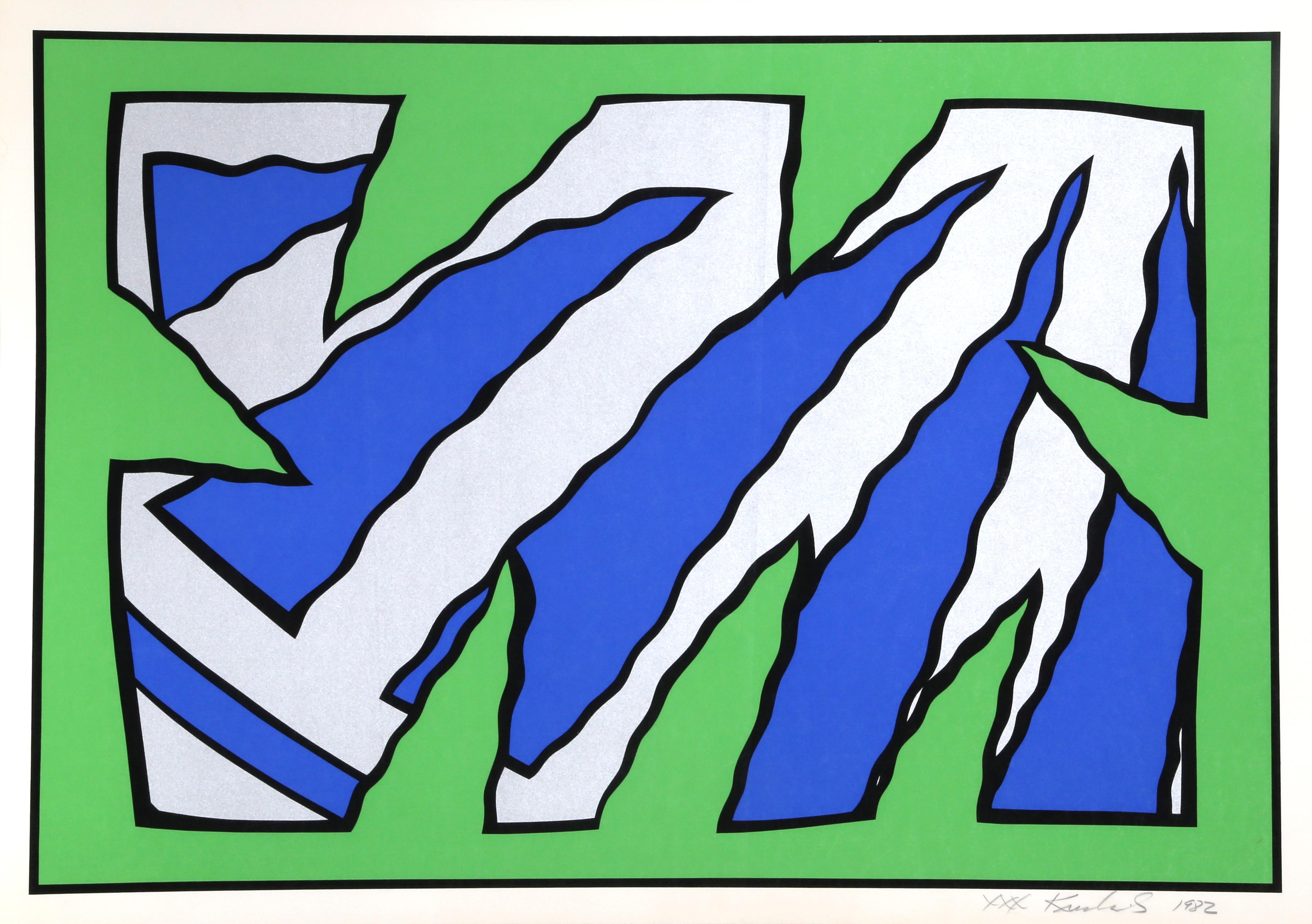 Artist: Nicholas Krushenick
Title:  Green Machine
Year: 1982
Medium:  Silkscreen, signed and numbered in pencil 
Edition: 200, AP 30
Image: 24 x 35 inches
Paper Size: 26 x 37 inches