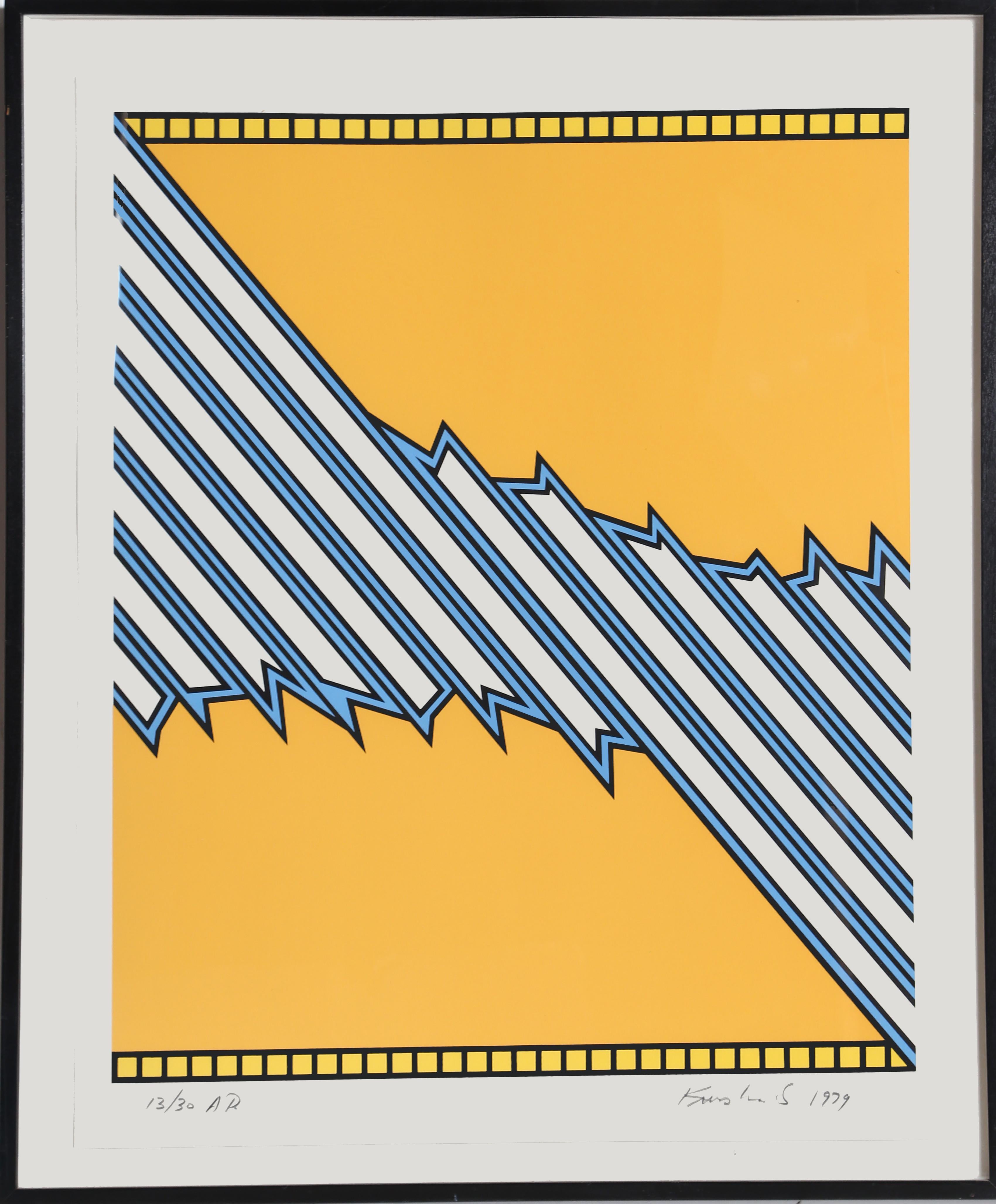 Artist:	Nicholas Krushenick
Title:	Greensboro
Year:	1979
Medium:	Silkscreen, signed and numbered in pencil 
Edition:	200, AP 30
Paper Size:	34 x 26 inches
Frame: 36 x 30 inches