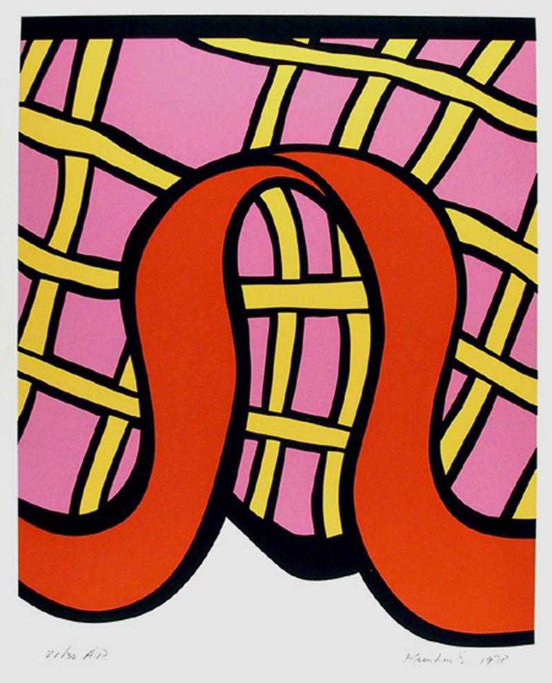 Artistics : Nicholas Krushenick, Américain (1929 - 1999)
Titre : Kiss Kiss Candy
Année : 1978 
Support : Sérigraphie, signée et numérotée au crayon 
Edition : 200 ; AP 30 
Taille de l'image : 29 x 24 in. (73.66 x 60.96 cm) 
Format du papier : 34 x