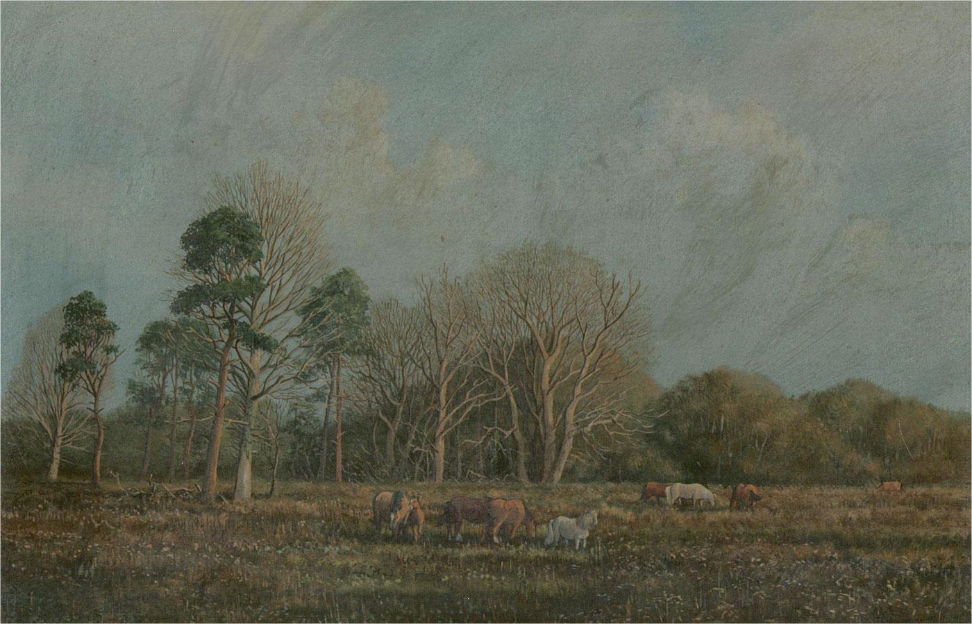 A landscape in the New Forest, populated by New Forest ponies grazing freely on the moorland. Presented in an ornate gilt-effect wooden frame with a linen slip. Signed to the lower-right edge. Title and date inscribed on the verso. On board.
