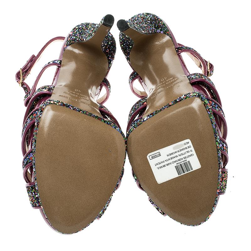 Nicholas  Magenta Patent Leather and Glitter T Strap Platform Sandals Size 40 1