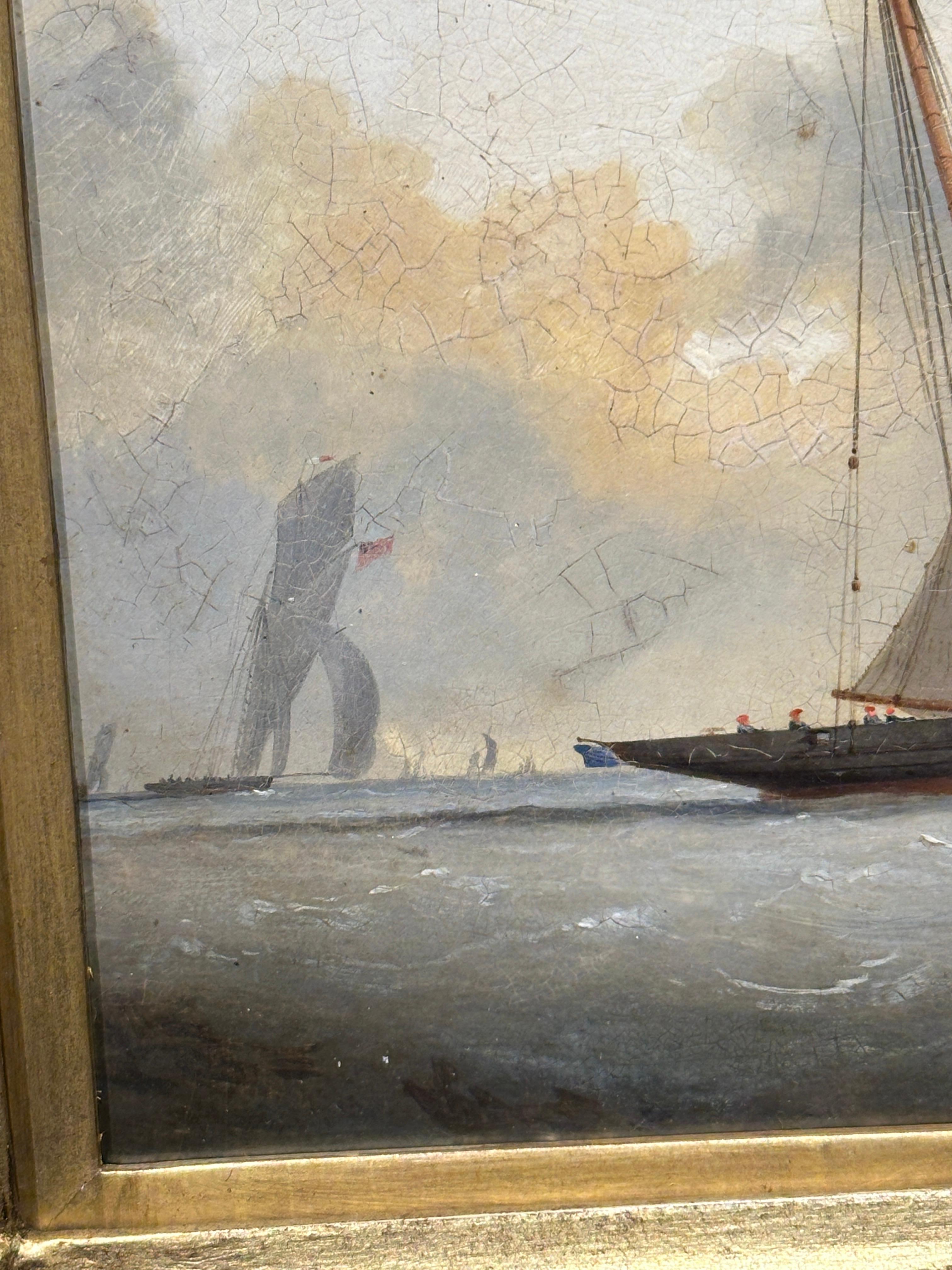 Dans cette peinture de marine lumineuse de Nicholas Matthew Condy, l'artiste anglais du XIXe siècle démontre une fois de plus sa maîtrise des paysages marins et des portraits de navires. Cette composition est marquée par une élégance calme et un