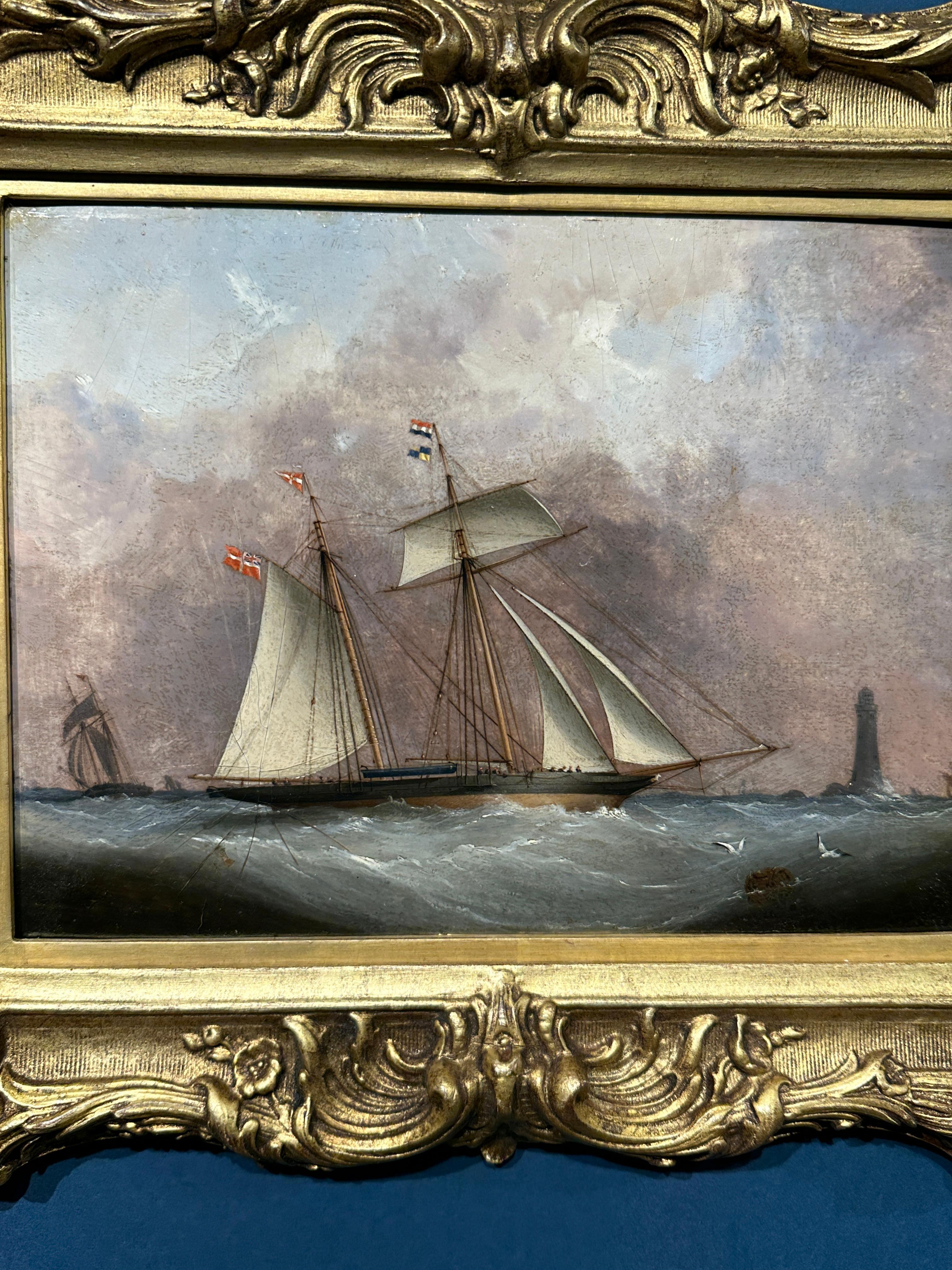 Voilier anglais du 19e siècle sur la haute mer avec un phare dans un ciel d'orage - Painting de Nicholas Mathew Condy