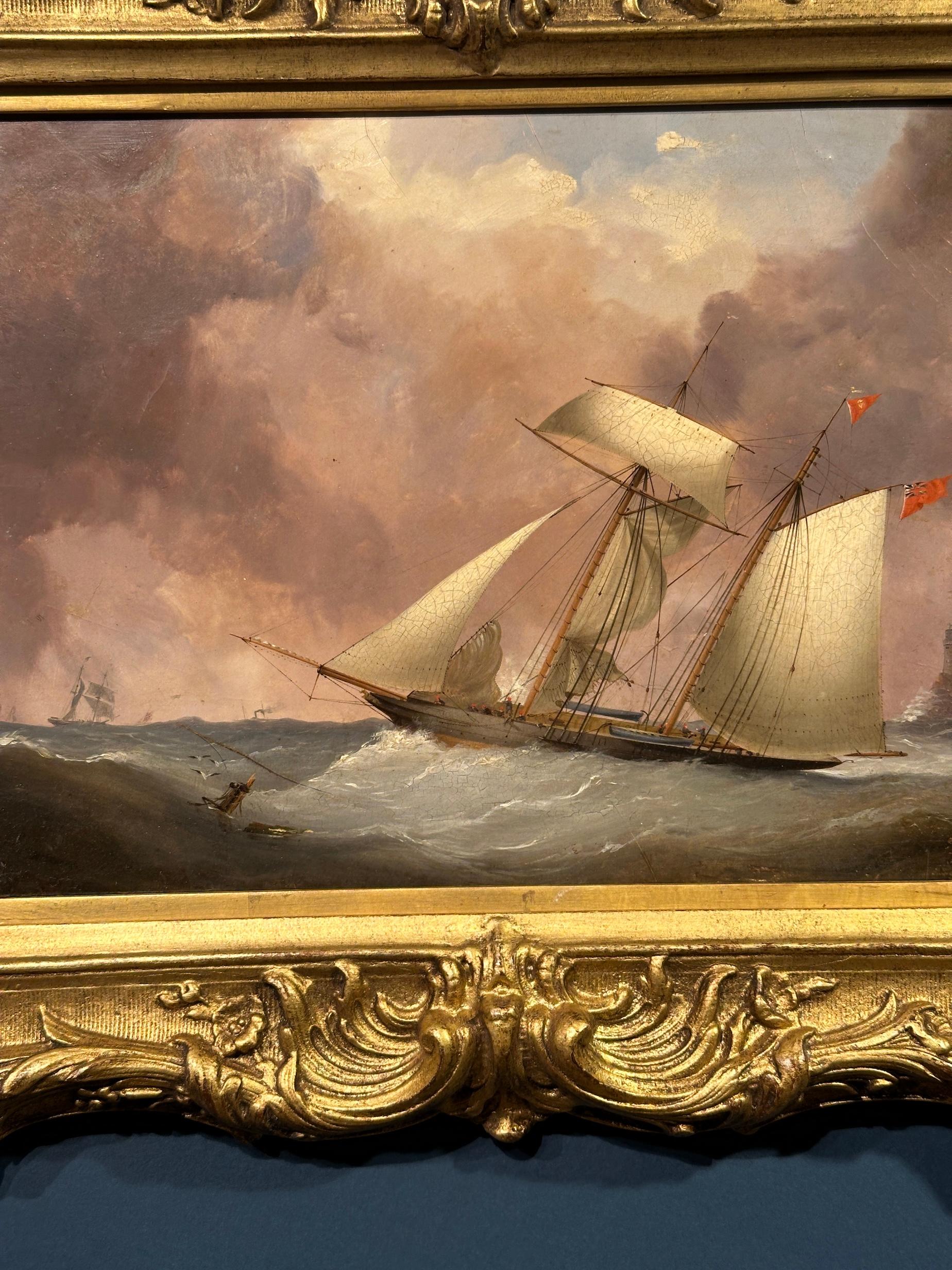 19th Century English Yacht on the high sea with a lighthouse in stormy sky's - Painting by Nicholas Mathew Condy