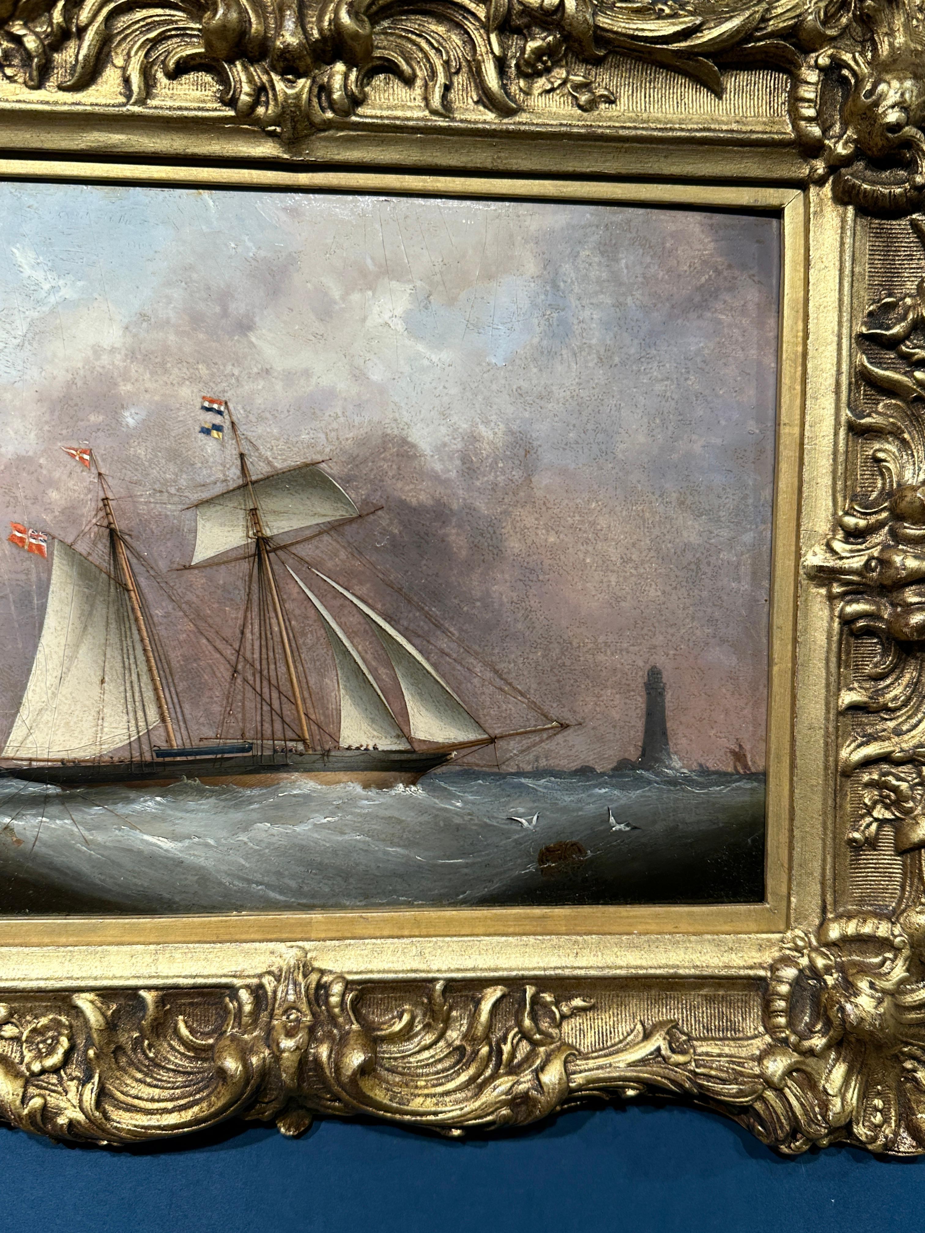 Voilier anglais du 19e siècle sur la haute mer avec un phare dans un ciel d'orage - Victorien Painting par Nicholas Mathew Condy
