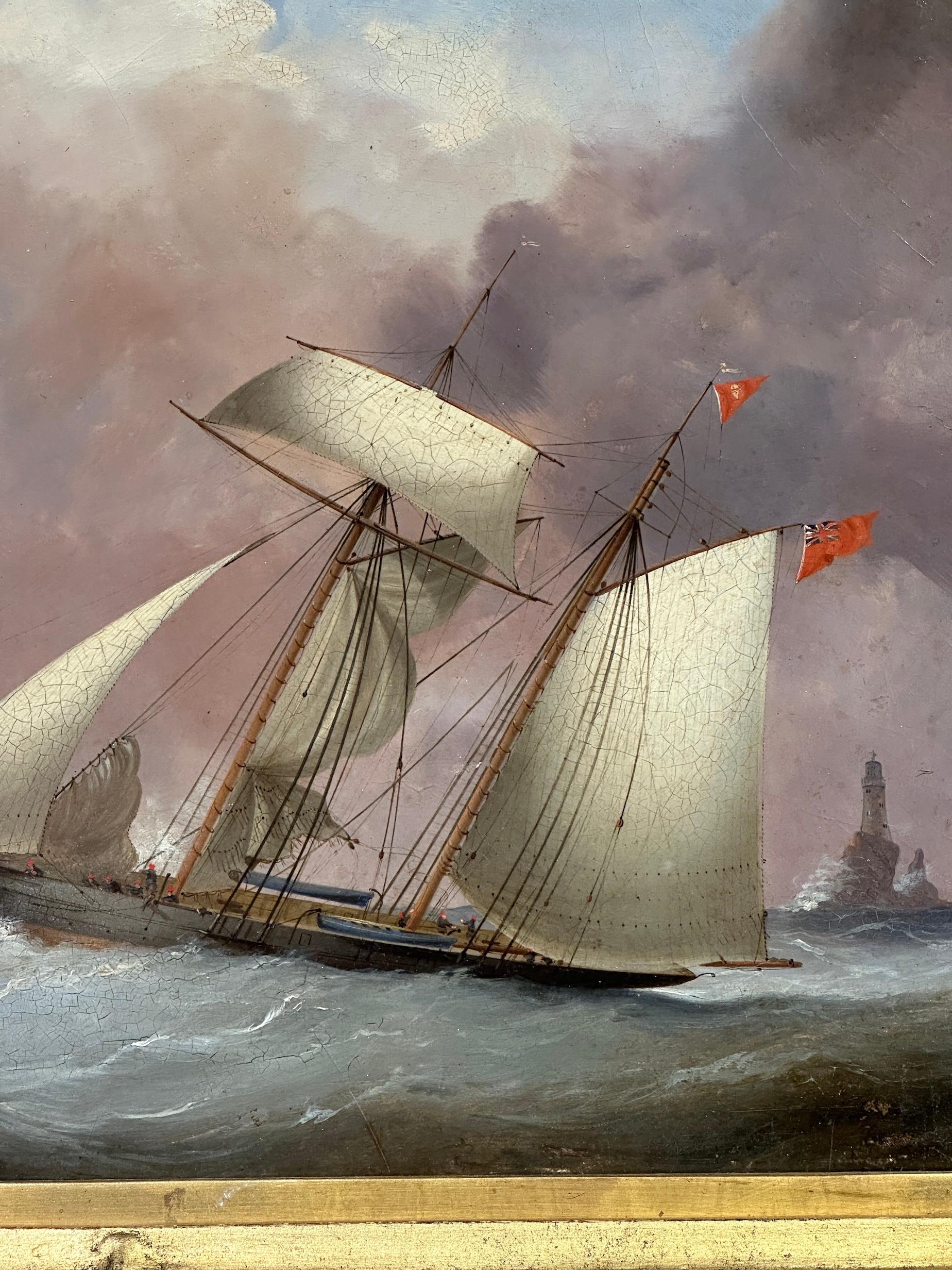 19th Century English Yacht on the high sea with a lighthouse in stormy sky's - Victorian Painting by Nicholas Mathew Condy