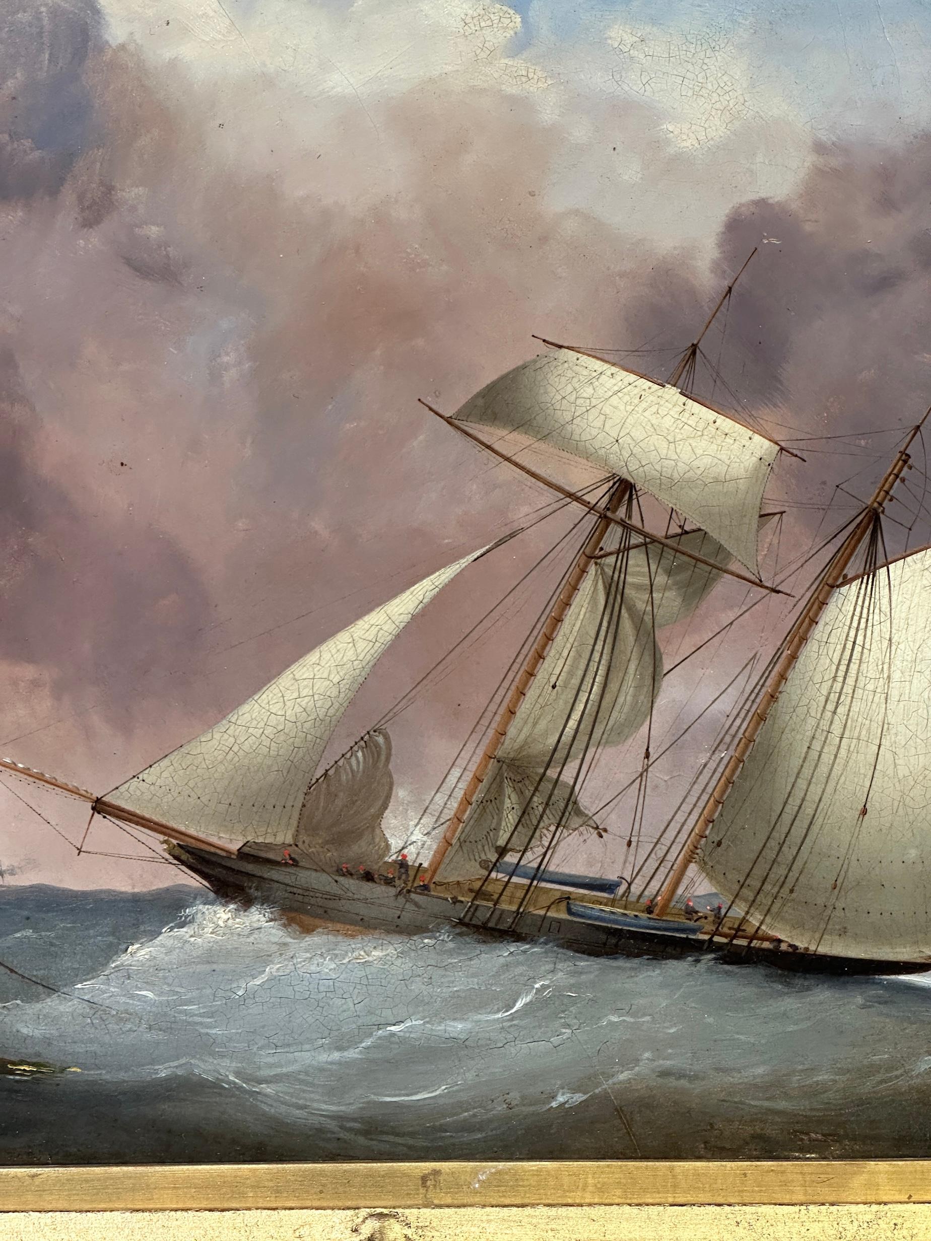 19th Century English Yacht on the high sea with a lighthouse in stormy sky's - Brown Figurative Painting by Nicholas Mathew Condy