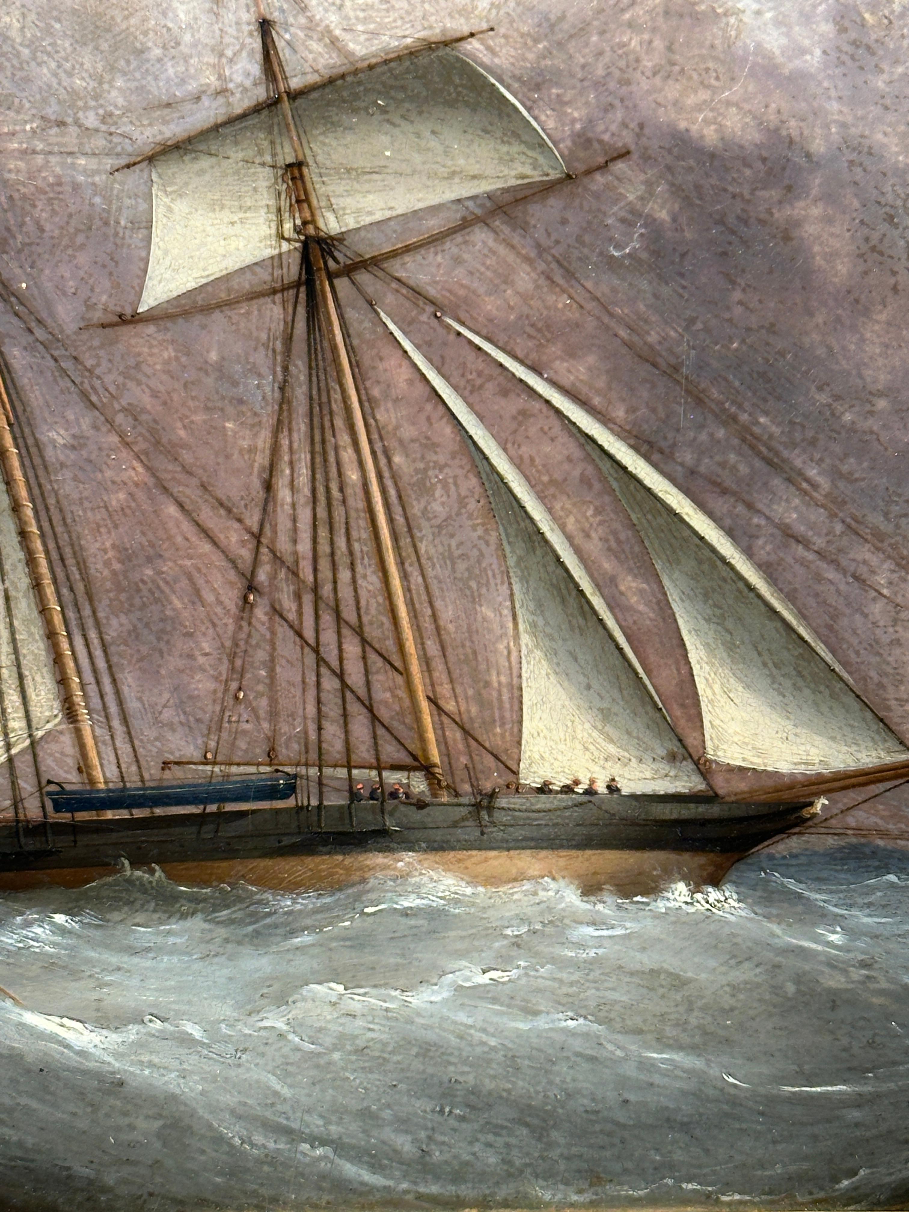 Cette scène maritime de Nicholas Matthew Condy, le célèbre peintre de marine anglais, continue de révéler sa profonde fascination pour les navires et les humeurs changeantes de la mer. La composition capture une goélette en plein voyage, ses voiles