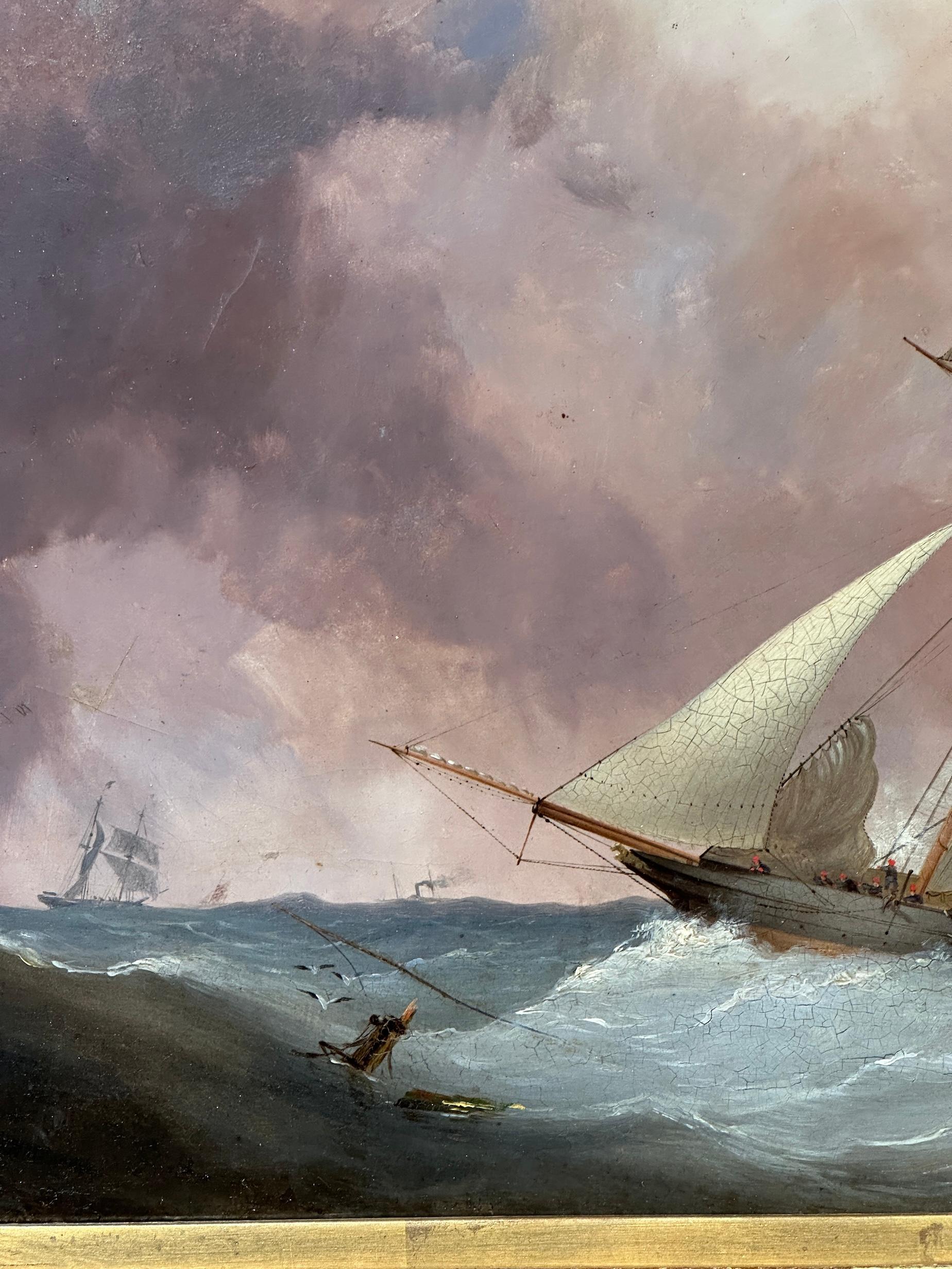 
The frame isNicholas Matthew Condy (British, 1816–1851)
Sailing Vessel off a Lighthouse, mid-19th century
Oil on artist’s panel

In this vivid coastal scene, a schooner heaves through a choppy sea beneath a shifting sky, its sails catching the wind