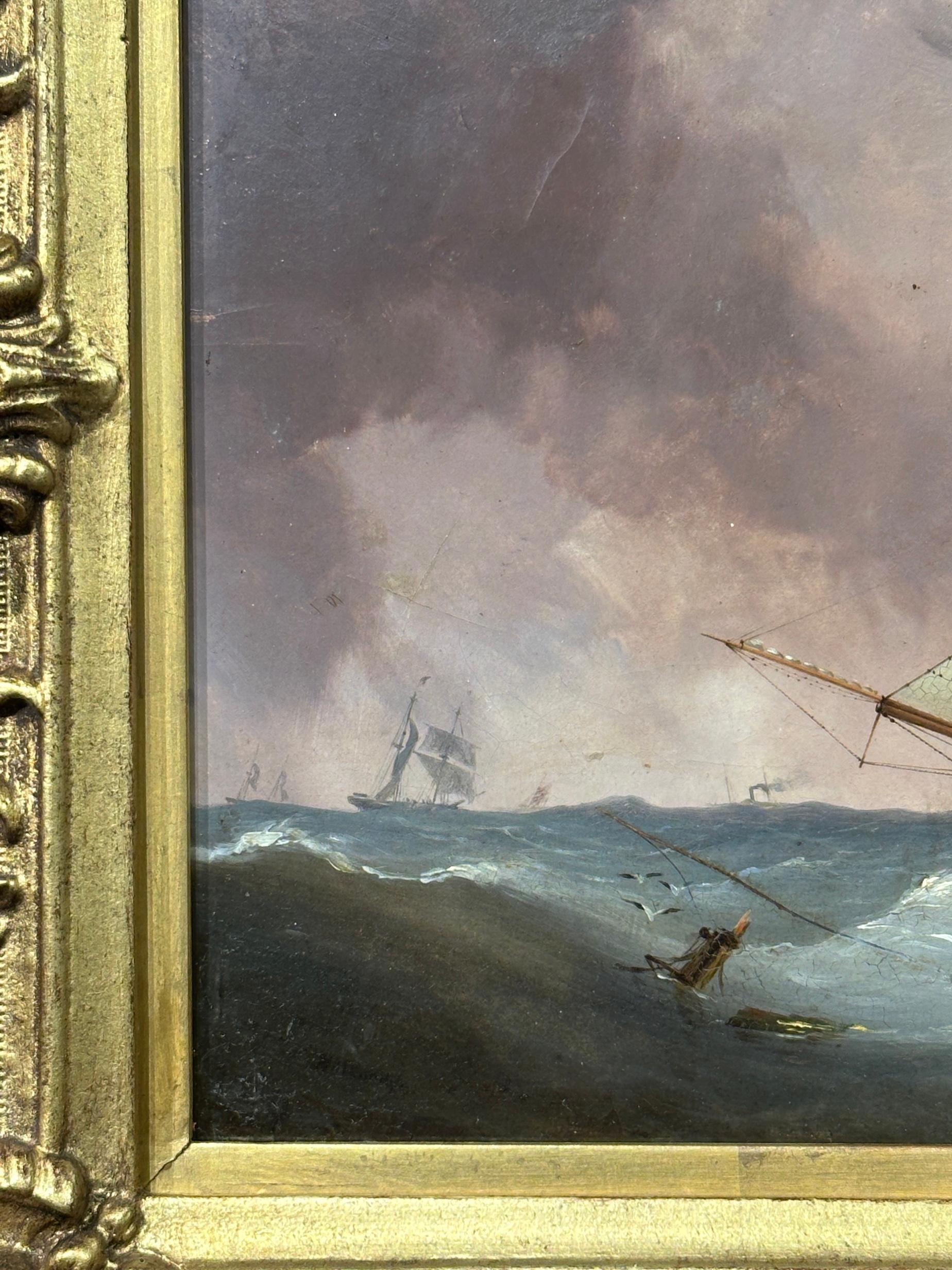 19th Century English Yacht on the high sea with a lighthouse in stormy sky's For Sale 1