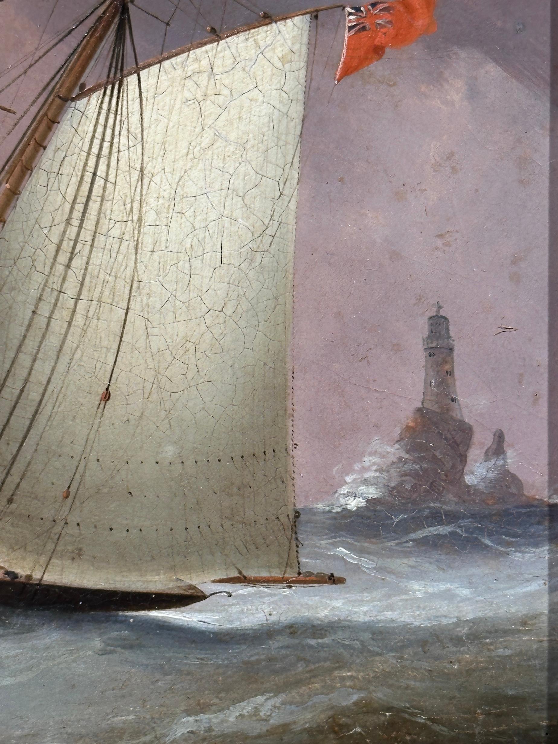 19th Century English Yacht on the high sea with a lighthouse in stormy sky's For Sale 2