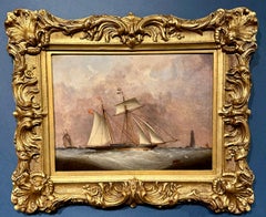 19th Century English Yacht on the high sea with a lighthouse in stormy sky's