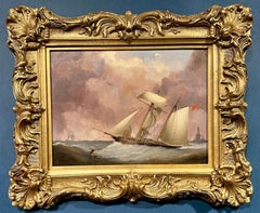 19th Century English Yacht on the high sea with a lighthouse in stormy sky's