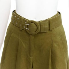 NICHOLAS military green 100% linen high waisted belted wide leg pants US6 M