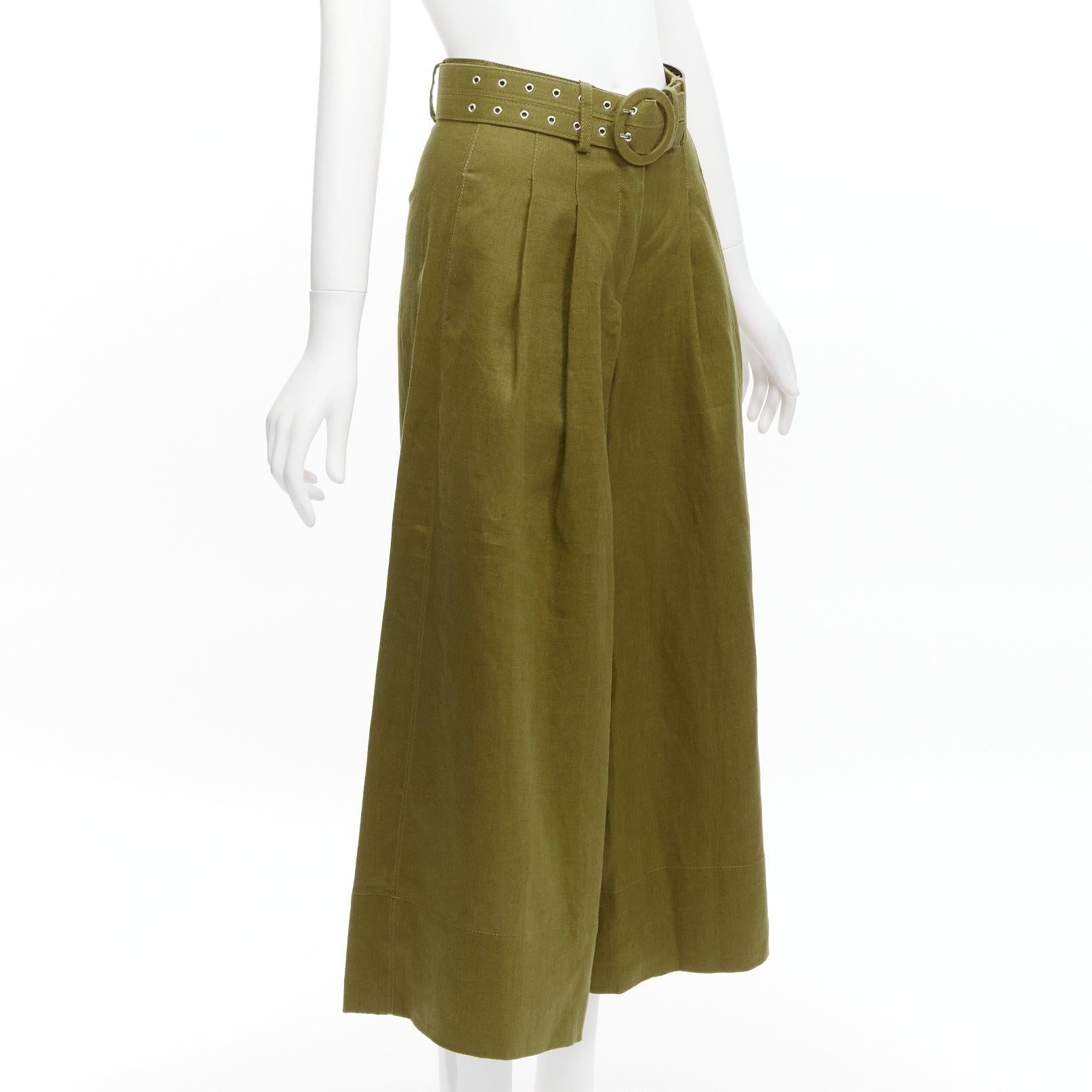 Brown NICHOLAS military green 100% linen high waisted belted wide leg pants US6 M For Sale