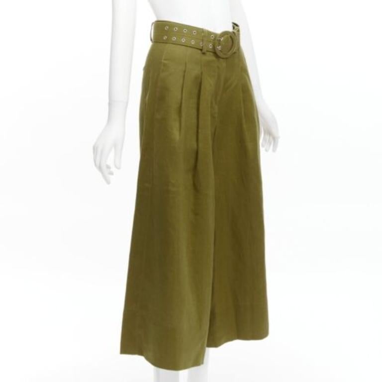 Marrone NICHOLAS verde militare 100% lino pantaloni a vita alta con cintura a gamba larga US6 M in vendita