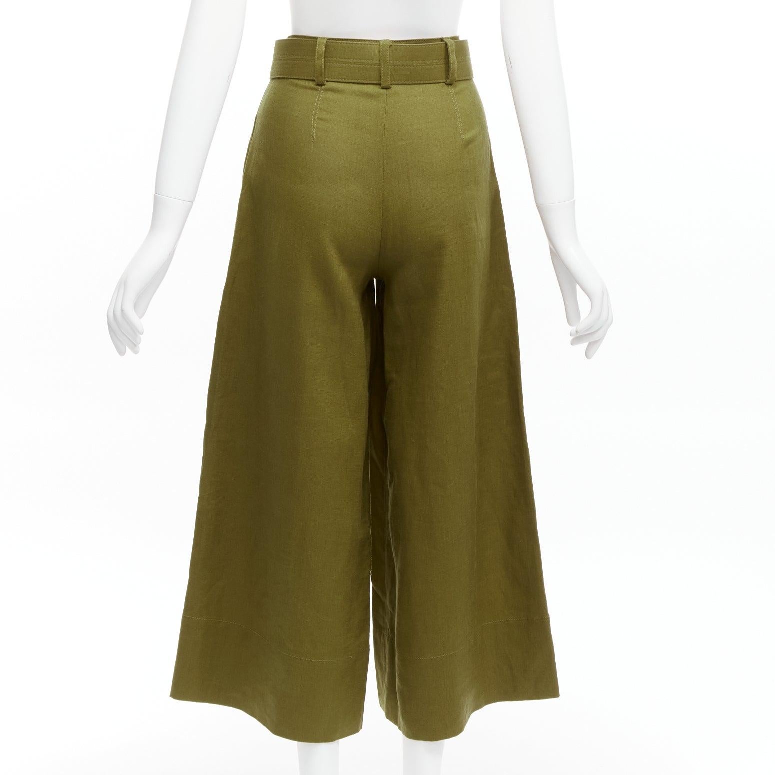 Women's NICHOLAS military green 100% linen high waisted belted wide leg pants US6 M For Sale