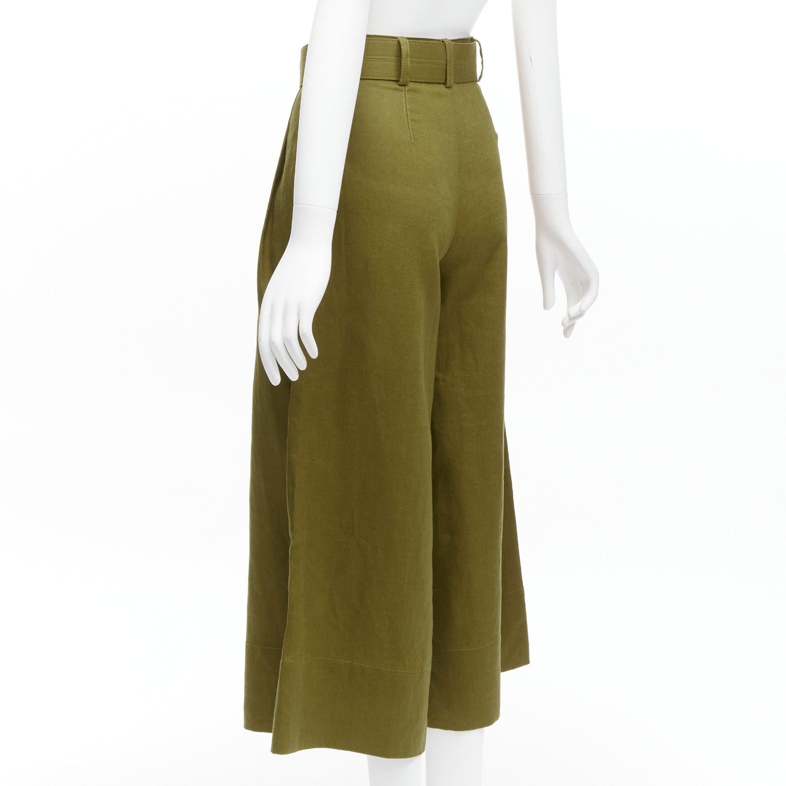NICHOLAS military green 100% linen high waisted belted wide leg pants US6 M For Sale 1