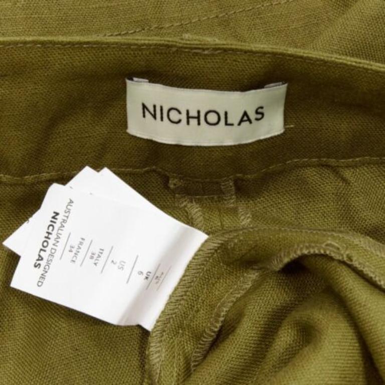 NICHOLAS verde militare 100% lino pantaloni a vita alta con cintura a gamba larga US6 M in vendita 3