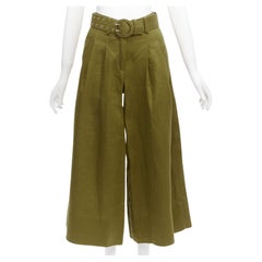 NICHOLAS military green 100% linen high waisted belted wide leg pants US6 M