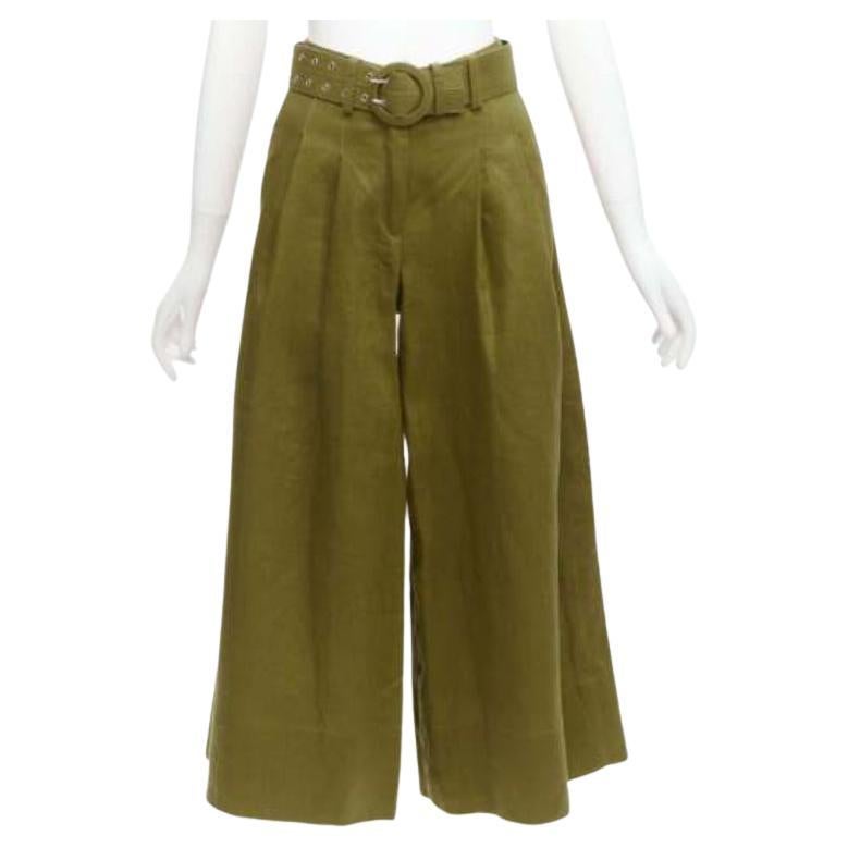 NICHOLAS military green 100% linen high waistted belted wide leg pants US6 M