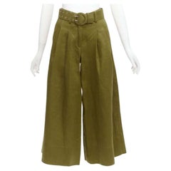 NICHOLAS military green 100% linen high waisted belted wide leg pants US6 M