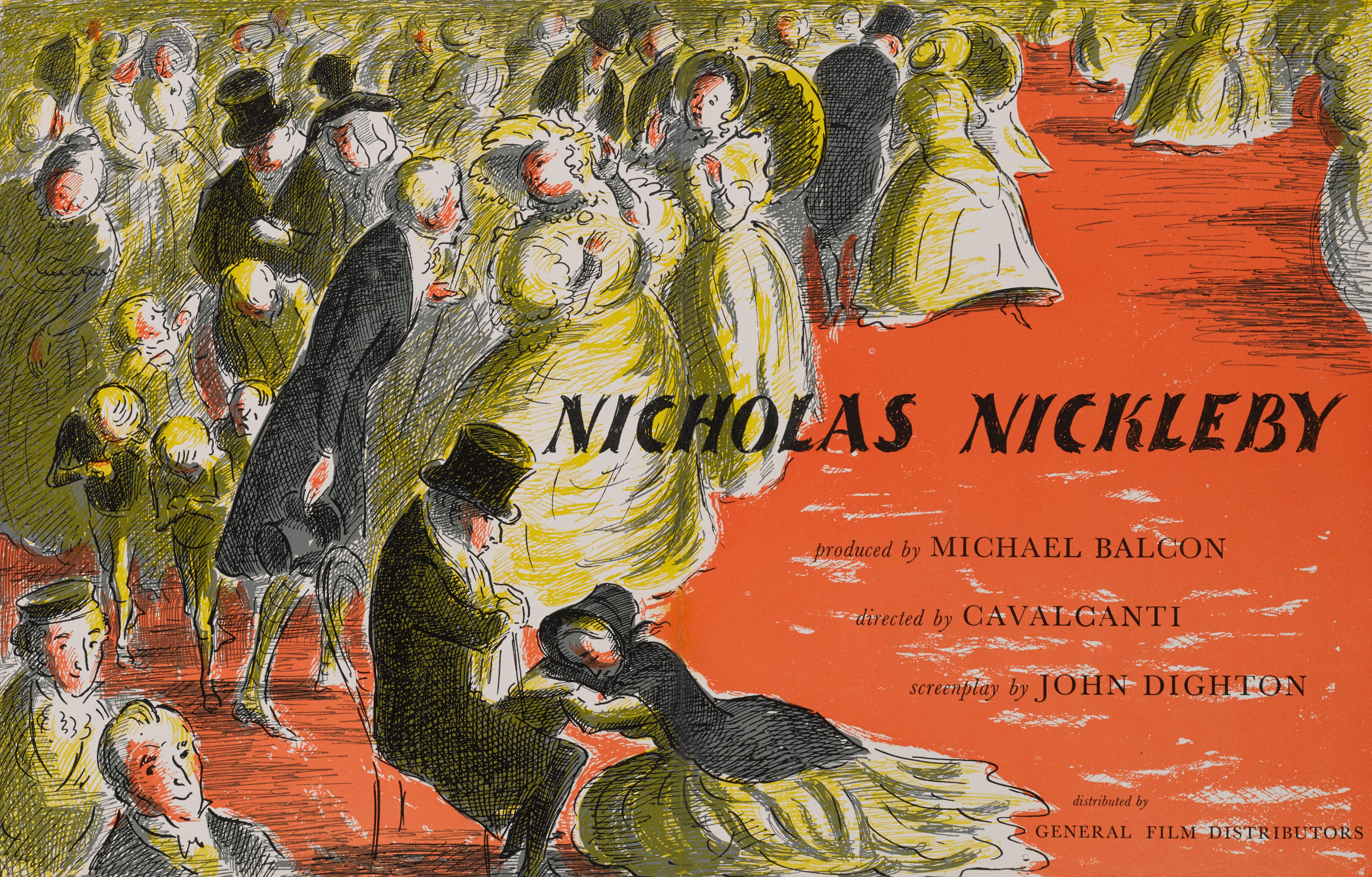 Original British trade advertisement for the 1947 film Nicholas Nickleby.
The film was directed byAlberto Cavalcanti and starred Derek Bond, Cedric Hardwicke,
Mary Merrall. The art work is by Edward Ardizzone (1900-1979).
This piece is