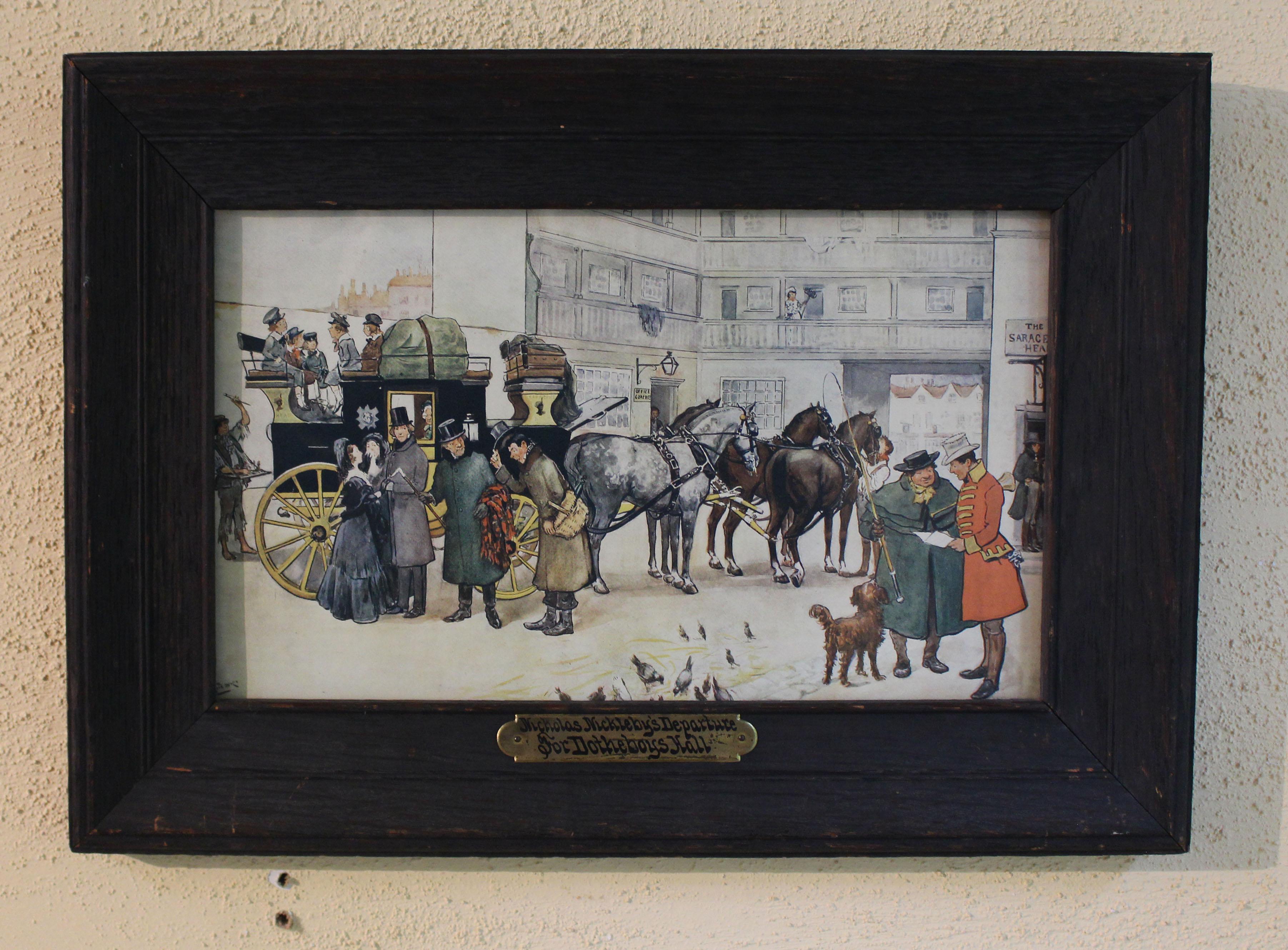 Nicholas Nickleby's Departure for Dotheboys Hall print from the 1902 series by Raphael Tuck & Sons, London. Artist: Albert Ludovici, Jr. (1820-1894), he was commissioned by Raphael Tuck & Sons to paint a series of 16 paintings portraying coaching