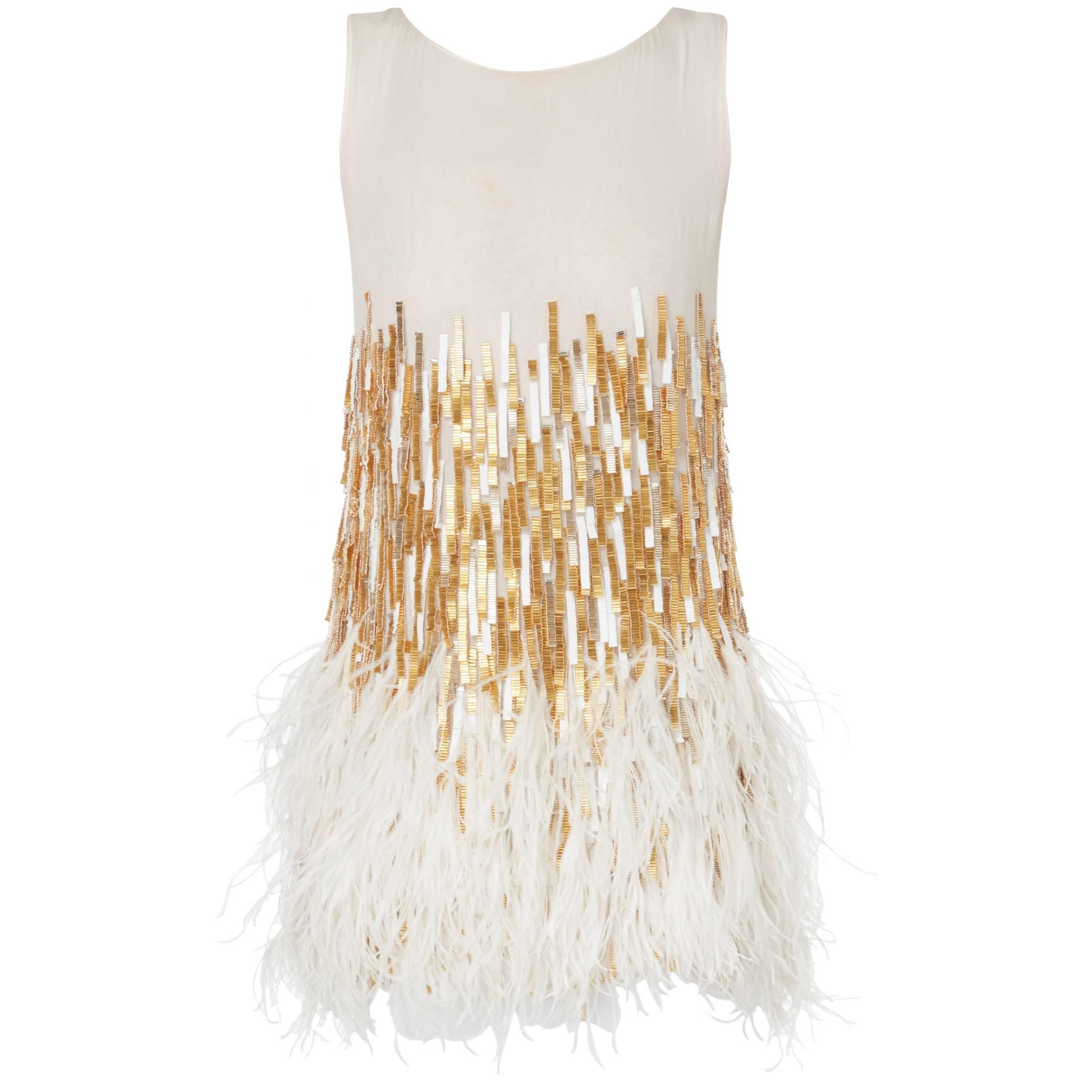 Nicholas Oakwell white and gold beaded mini dress with feather hem, circa 2012 For Sale