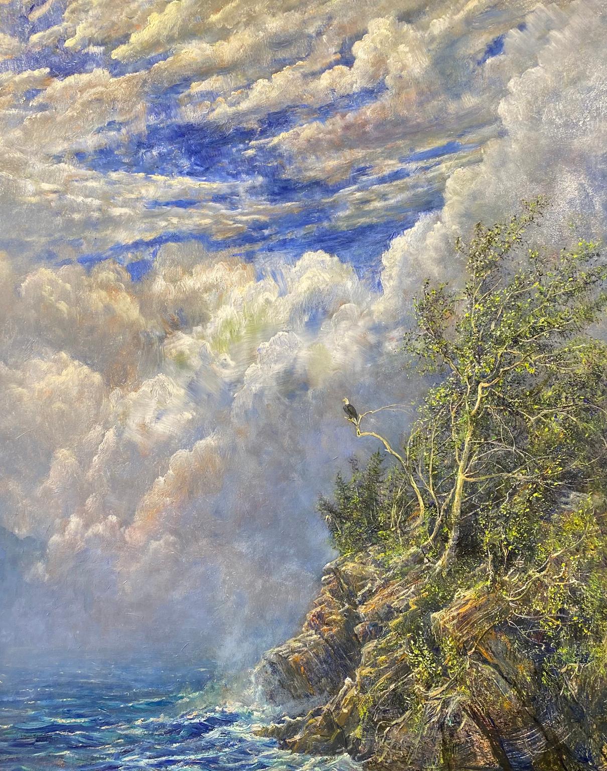 Nicholas Oberling Landscape Painting - Northwest Montana Wilderness Shore with Bald Eagle